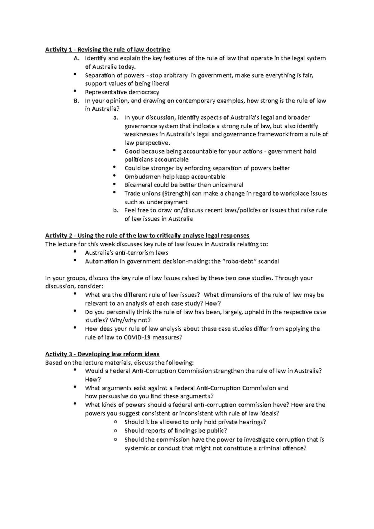 Llb104 week 3 tute questions and answer - Activity 1 - Revising the ...