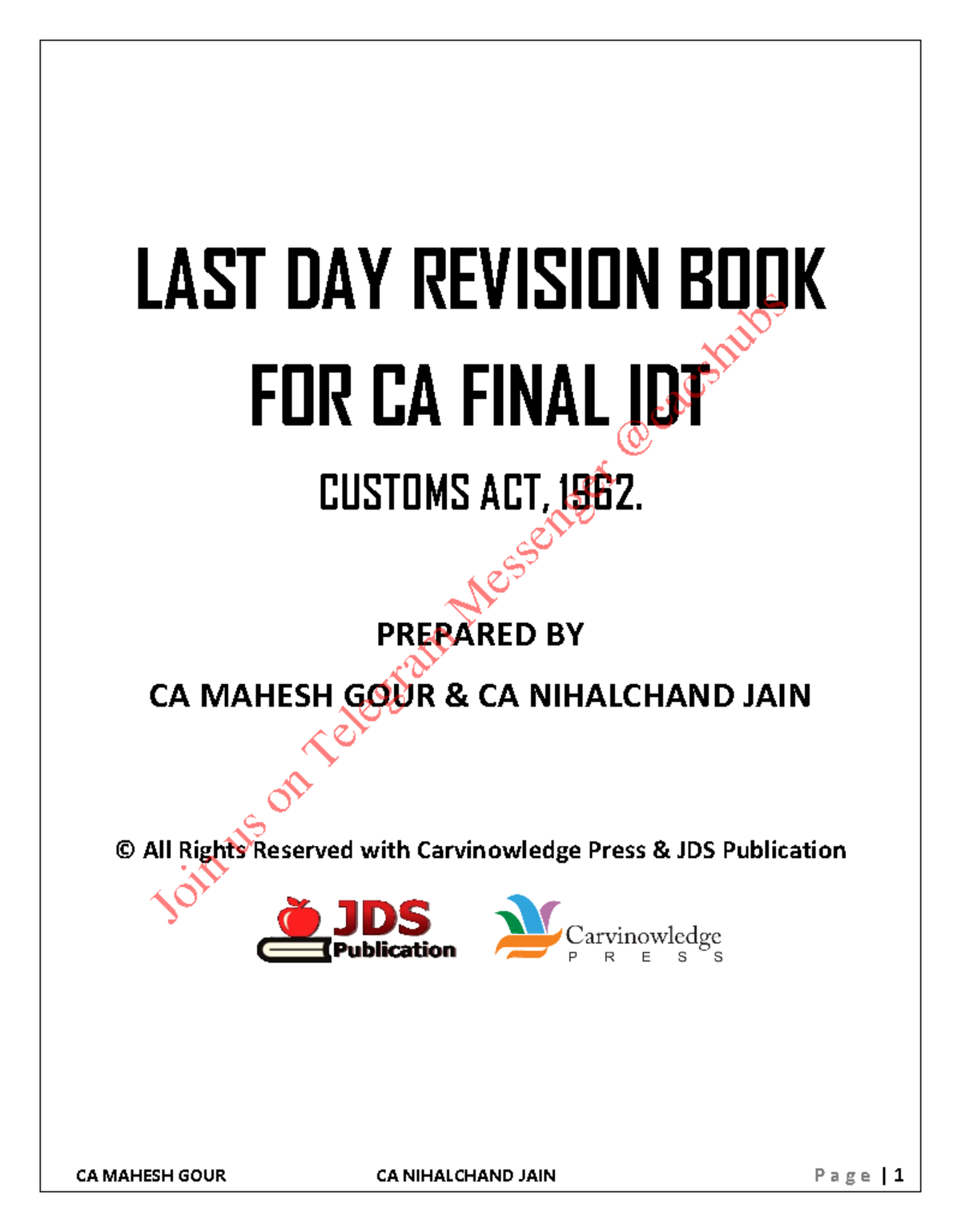 Custom - LAST DAY REVISION BOOK FOR CA FINAL IDT CUSTOMS ACT, 1962 ...