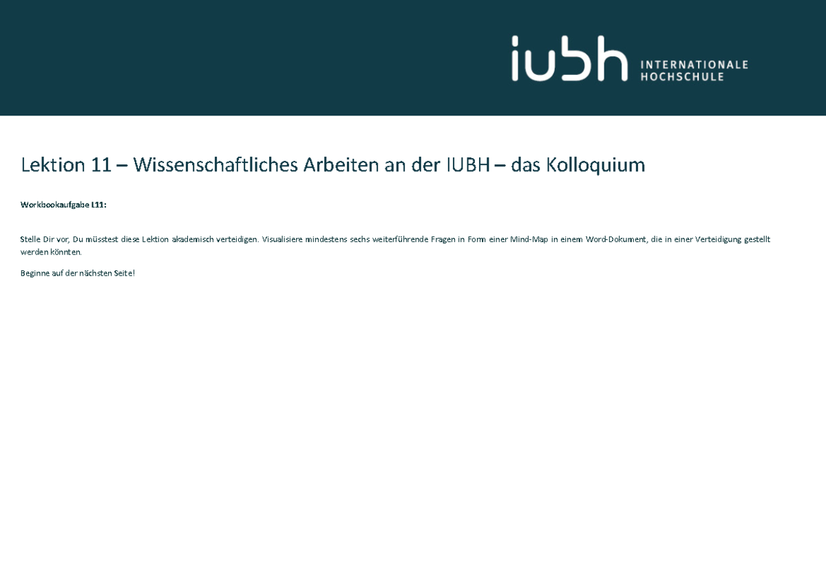 IUBH Wissenschaftliches Arbeiten / Workbook Aufgabe 11 - Lektion 11 ...