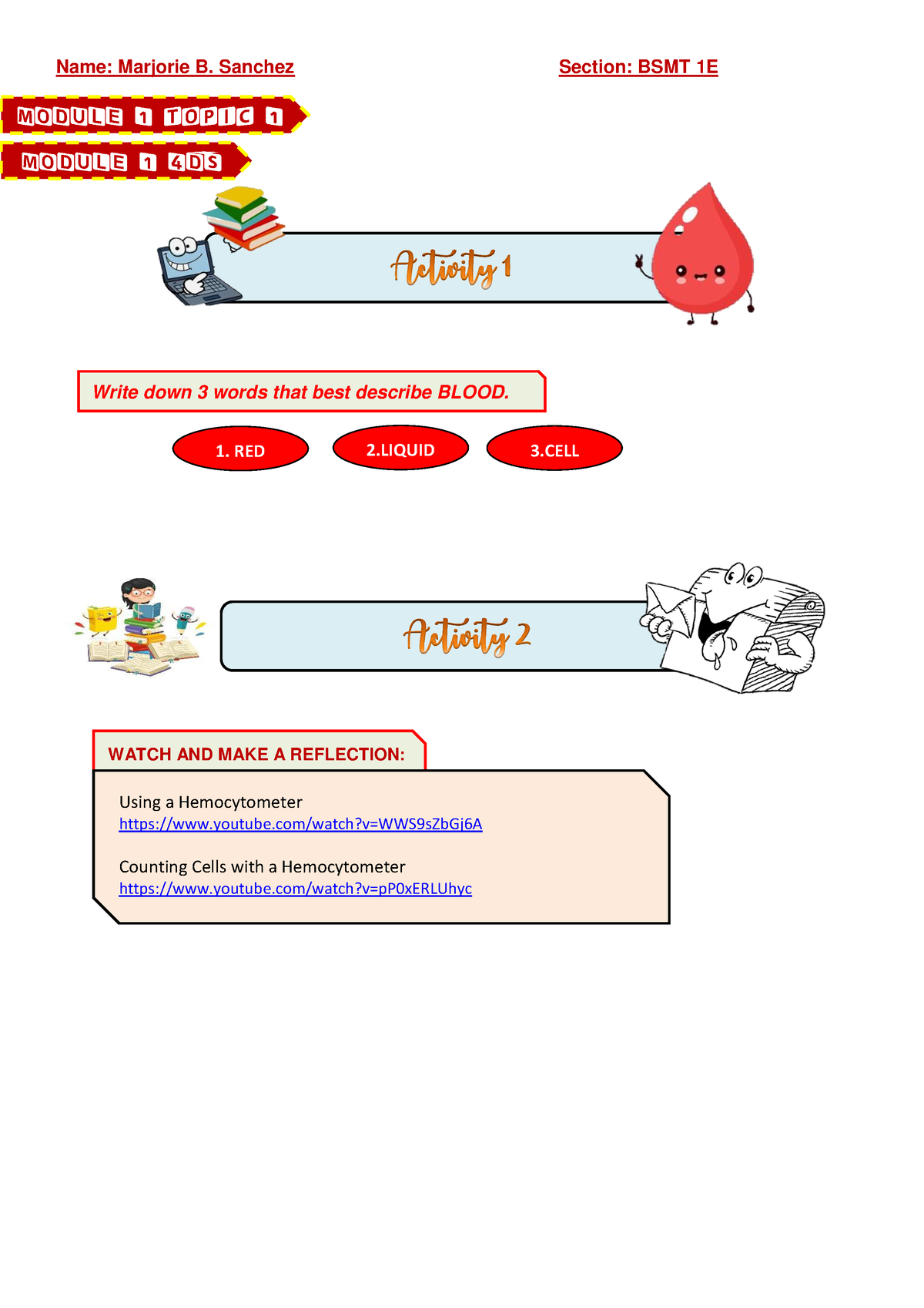 Hematology Module 1 Answersheet - Name: Marjorie B. Sanchez Section ...