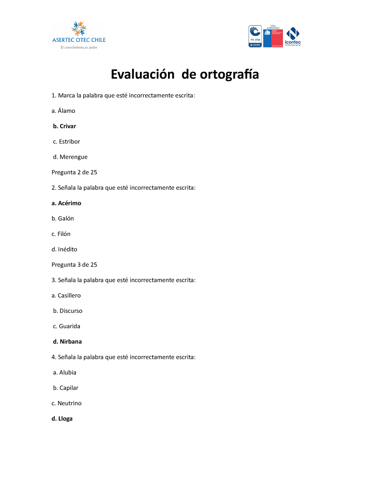 Evaluación De Ortografía - Evaluación De Ortogra昀 A Marca La Palabra ...