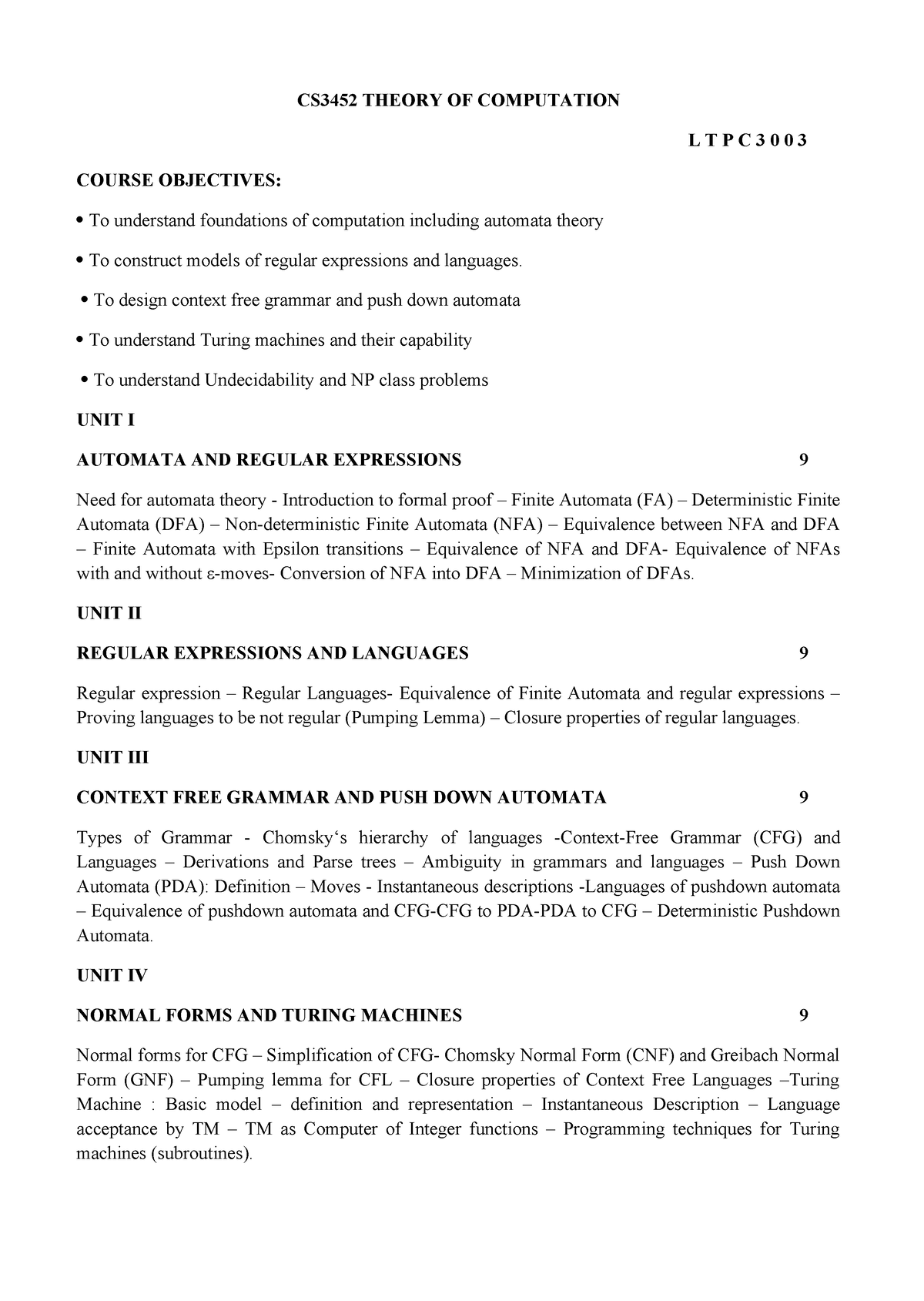 CS3452 Theory OF Computation - CS3452 THEORY OF COMPUTATION L T P C 3 0 ...