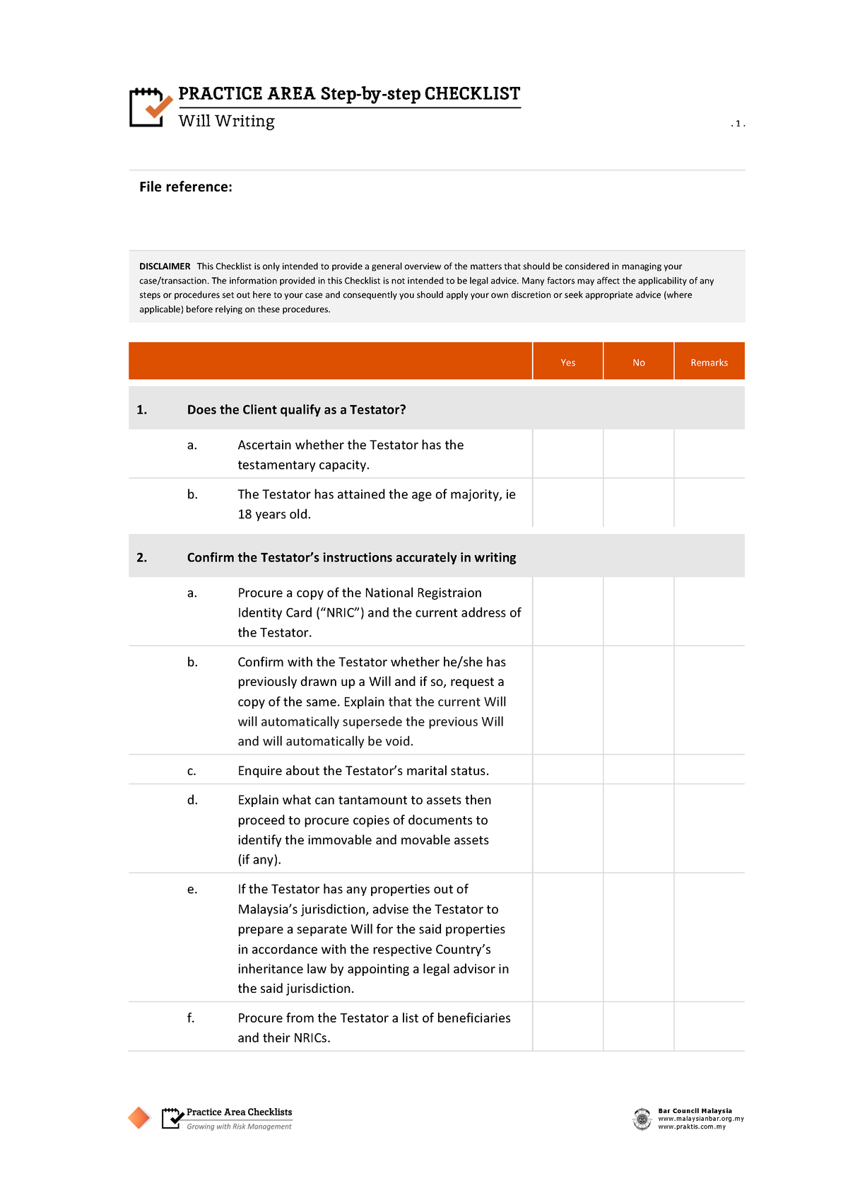 Will writing checklist - ठ⃚ ठ⃚ ठ⃚ PRACTICE AREA Step-by-step CHECKLIST ...