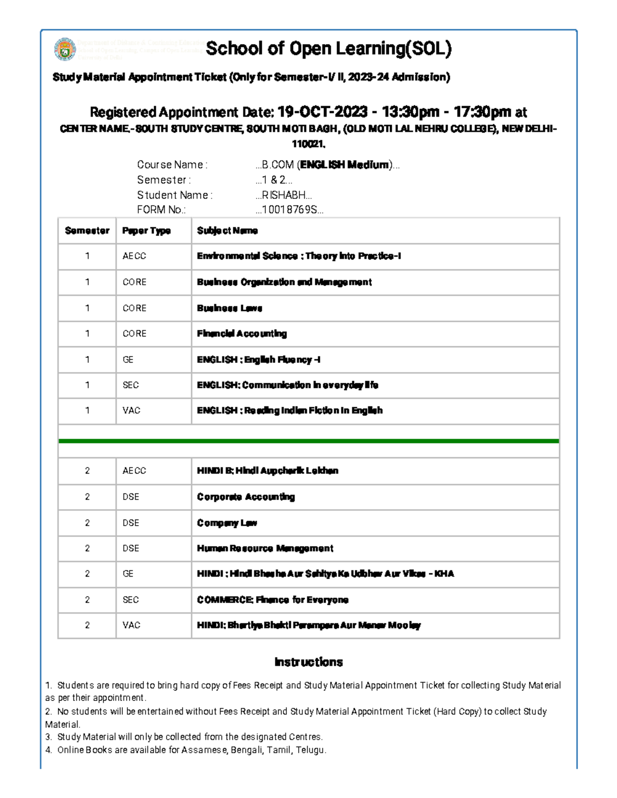SOL Study Material Appointment School of Open Learning(SOL) Study