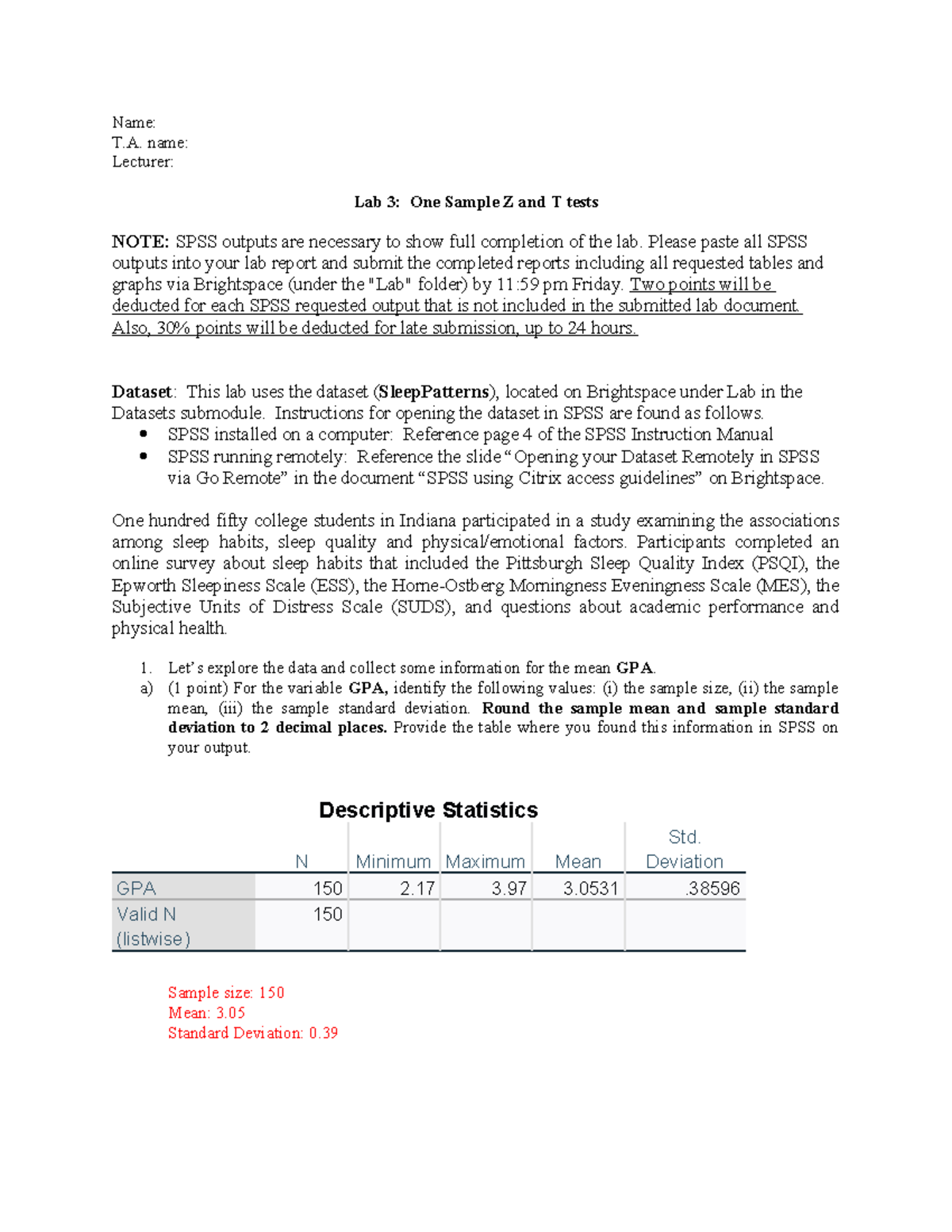 LAB3 Spring 2024 - Lab - Name: T. name: Lecturer: Lab 3: One Sample Z ...