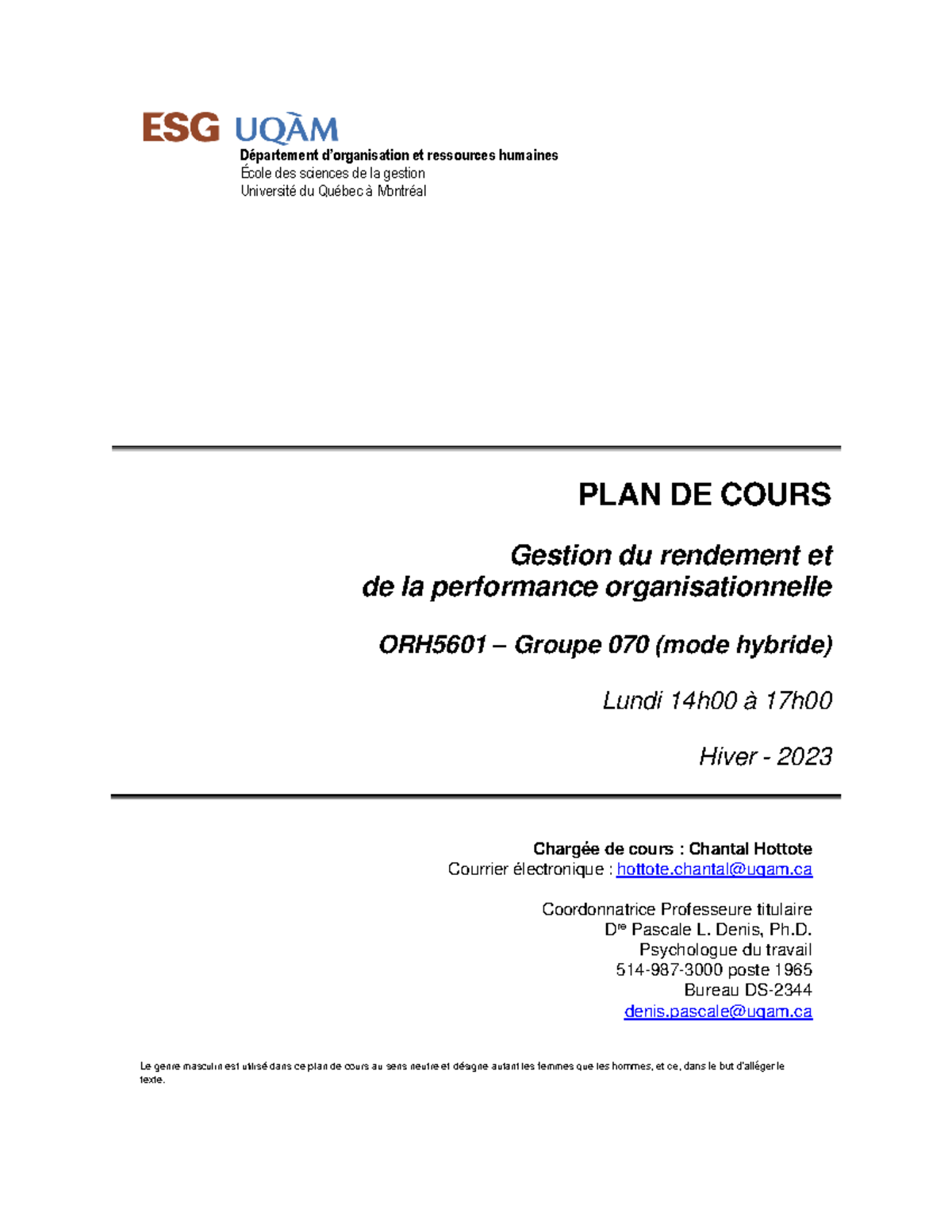 Gestion du rendement et de la performance - PLAN DE COURS Gestion du ...