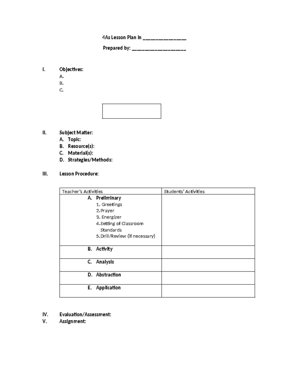 4 As lesson Plan - Agrifisheries - Objectives: A. B. C. II. Subject ...