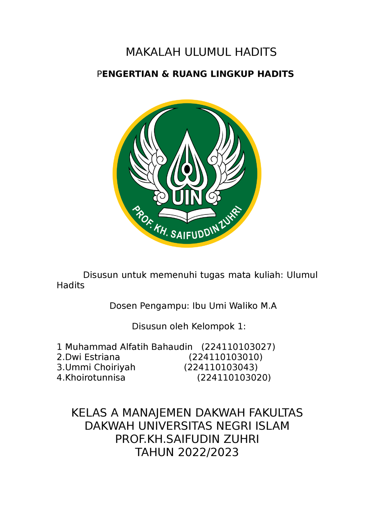 Makalah Ulumul Hadist Kelompok 1 - 2 - MAKALAH ULUMUL HADITS PENGERTIAN ...