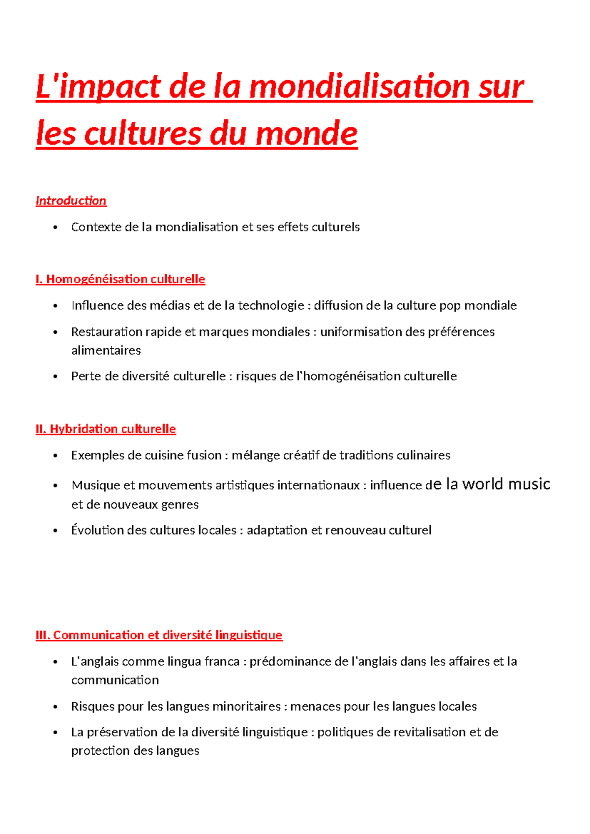 Rapport L'impact de la mondialisation sur les cultures du monde El ...