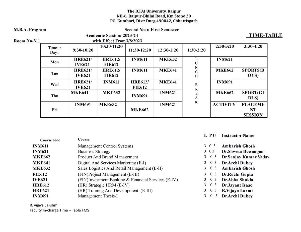 M.B.A Time Table Second YEAR First sem Copy Marketing management