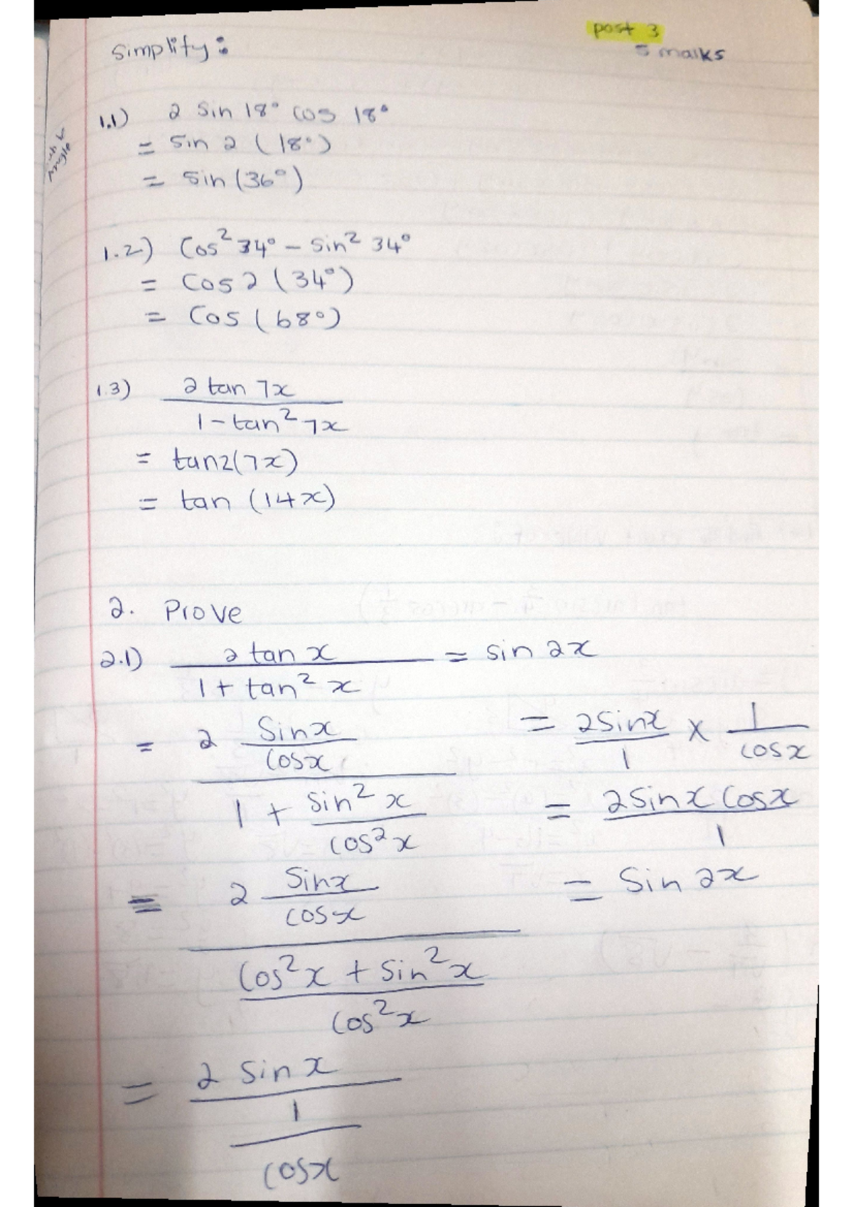 Post 3 unit 4 - post 3 simplity: S malks 1) 2 Sin 18 COS 18 is = sin a ...