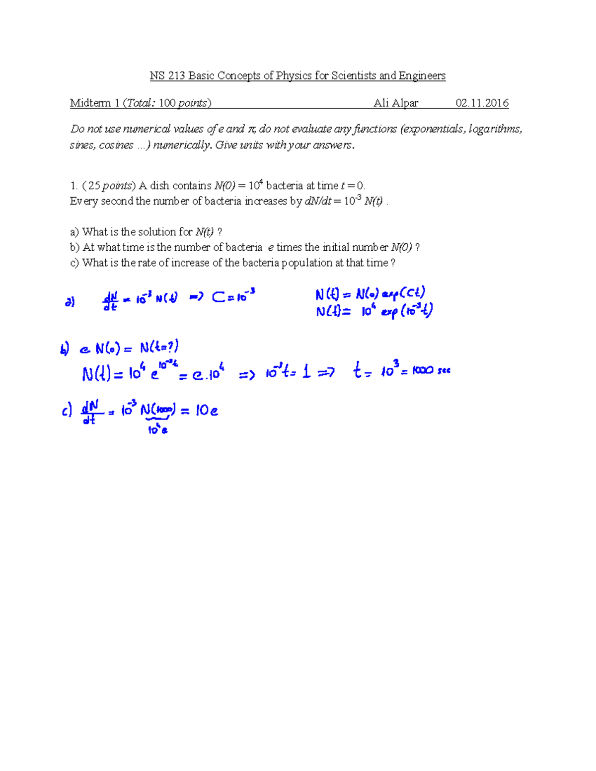 NS 213 Midterm 1 Solutions 02 - NS 213 Basic Concepts Of Physics For ...