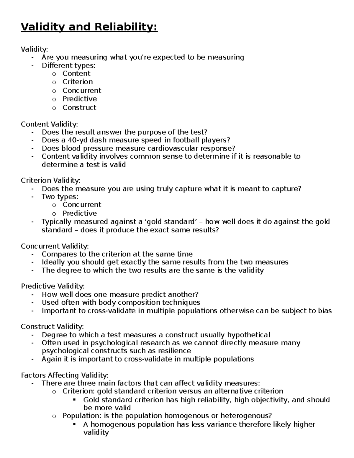 EXSC 455 Validity and Reliability Notes - Validity and Reliability: Validity:  - Are you measuring - StuDocu