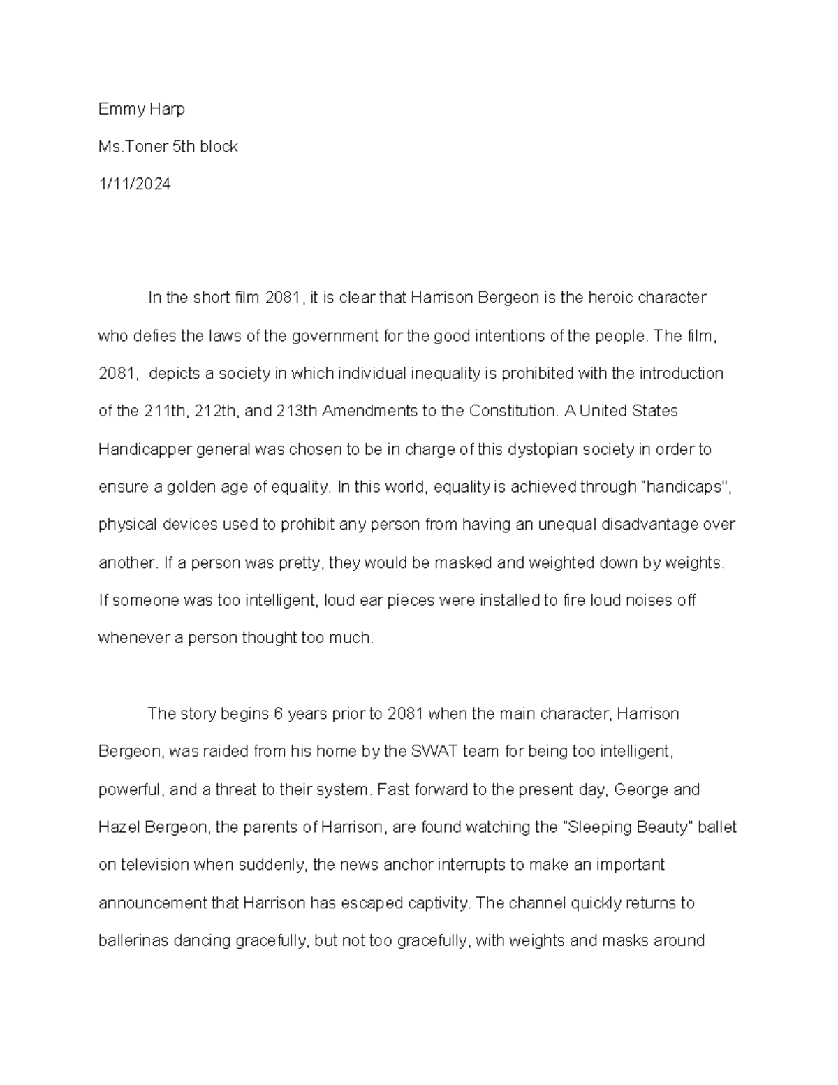 2081 rough draft - Harrison Bergeron Essay - Emmy Harp Ms 5th block 1 ...