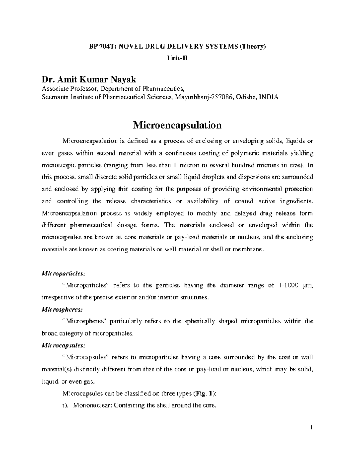 BP704T NDDS II BP 704T NOVEL DRUG DELIVERY SYSTEMS Theory Unit II
