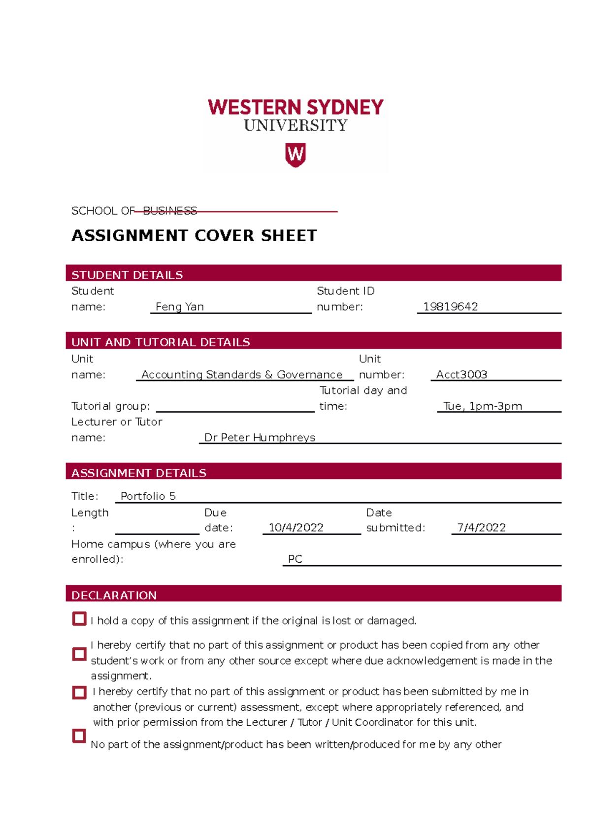 ASG Portfolio 5 - adadadadadadadad - SCHOOL OF BUSINESS ASSIGNMENT ...