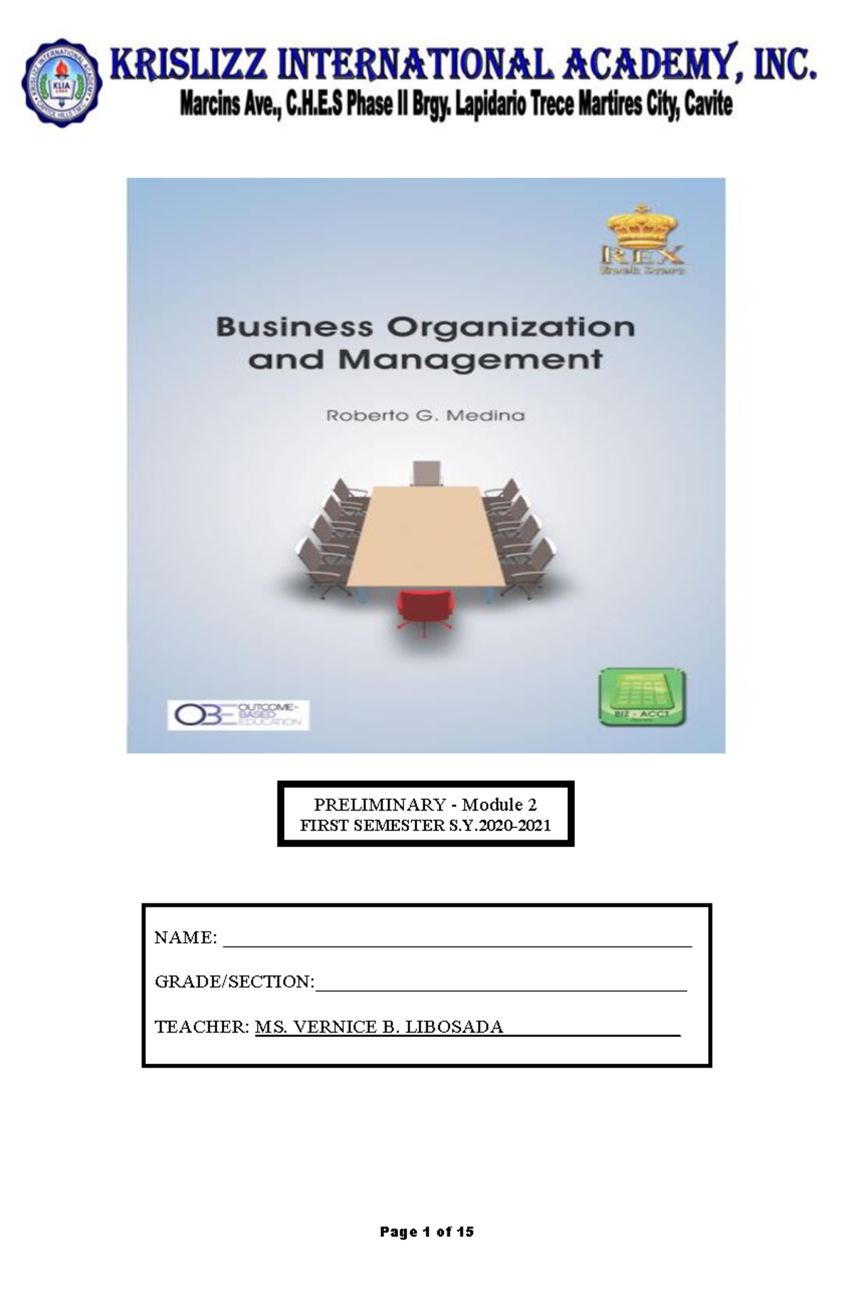 Organization and Management- Week 2 and 3 - PRELIMINARY - Module 2 ...