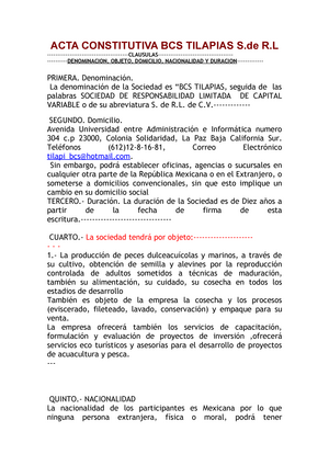 Ejemplo 1 Acta Constitutiva - ACTA CONSTITUTIVA BCS TILAPIAS S R -  CLAUSULAS - DENOMINACION, OBJETO, - Studocu