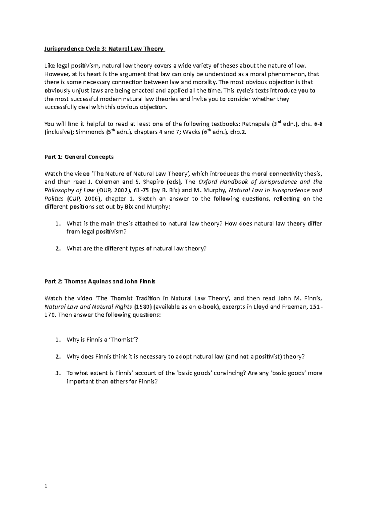 Cycle 3 - Natural Law Theory preparation and questions - Jurisprudence ...