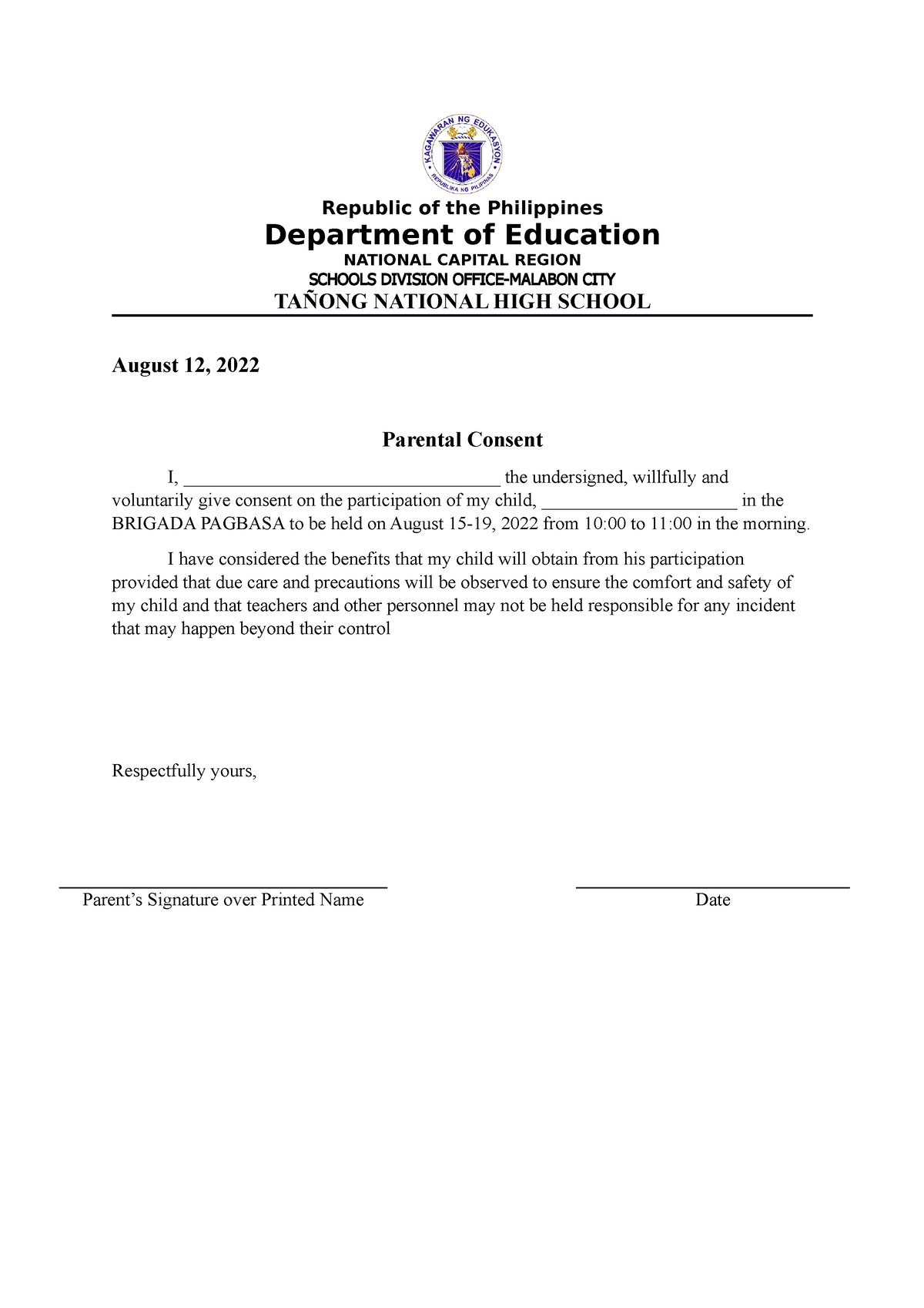Brigada Pagbasa Parental Consent 2022 - Republic of the Philippines ...