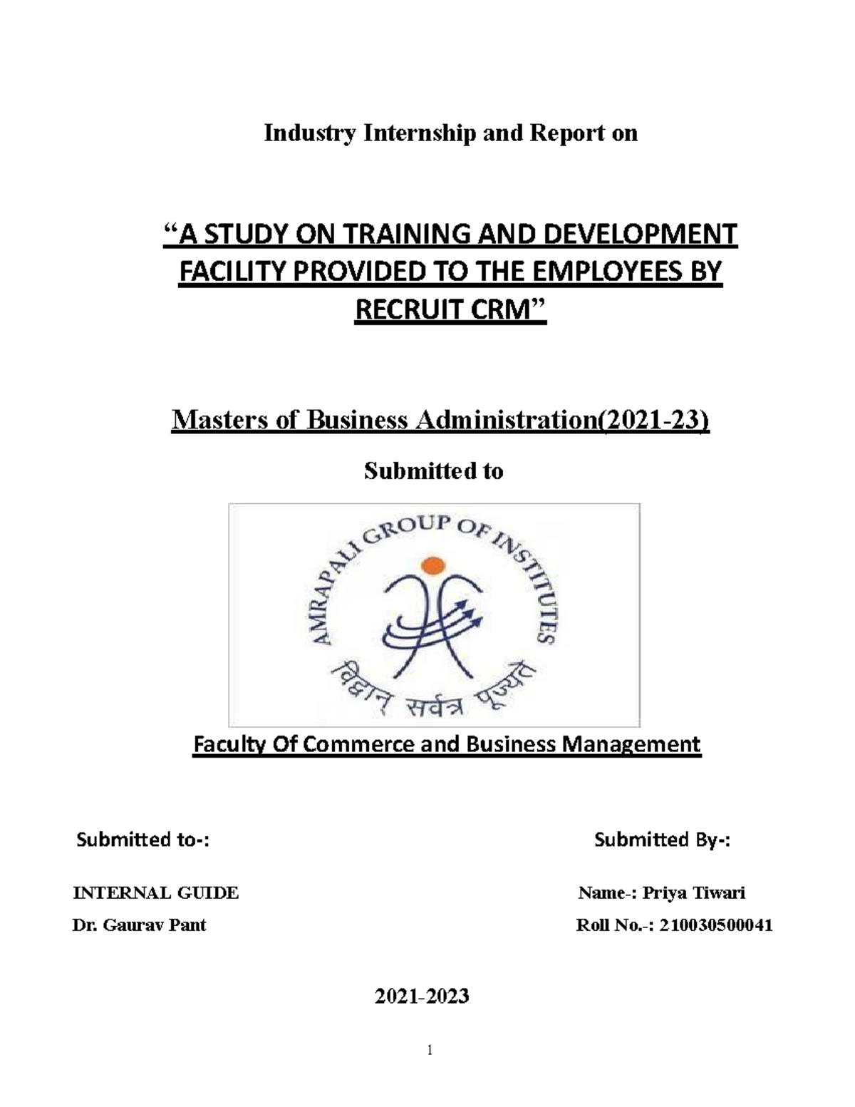 Priya internship - summarised notes - 1 Industry Internship and Report ...