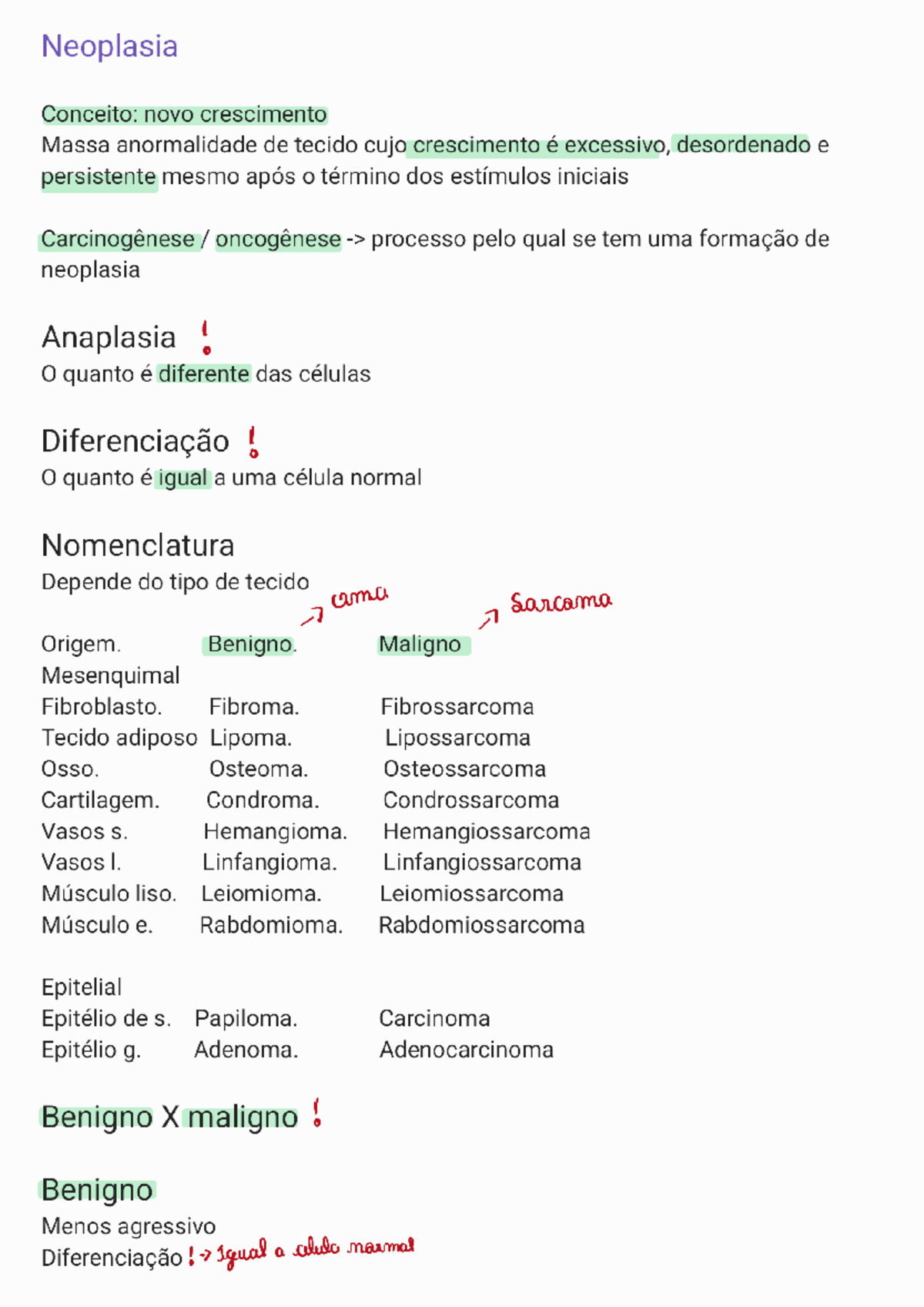 Resumo Conteúdo AV2 colegiada - Neoplasia Conceito: novo crescimento ...