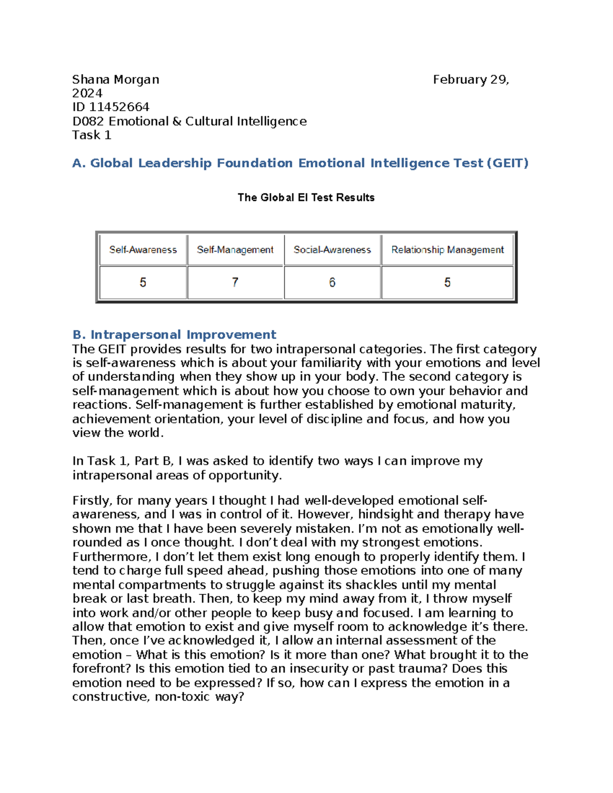 Task 1 - D082 Emotional-Cultural Intelligence - Shana Morgan February ...