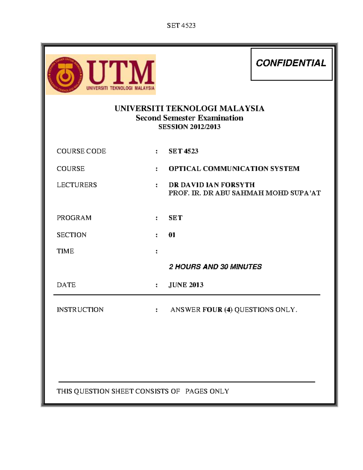 Final Examination Semester II Session 1213_Optical Communication System ...
