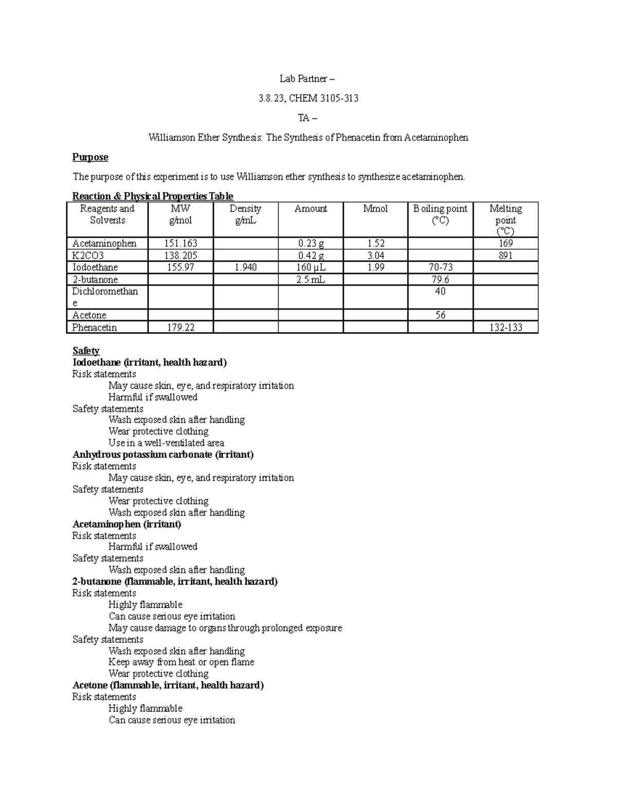 Chem 3105 Experiment 7 Lab Report Lab Partner 3.8, CHEM 3105 TA Williamson Ether
