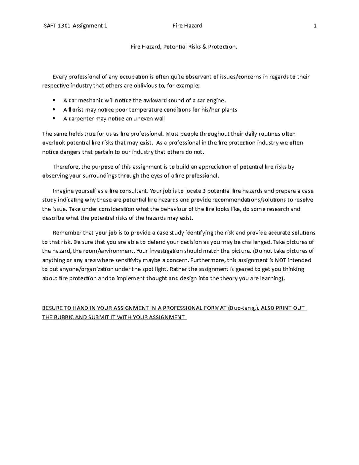 SAFT 1301 Assignment 1 Fire Hazards 2018 (1) Fire Hazard, Potential