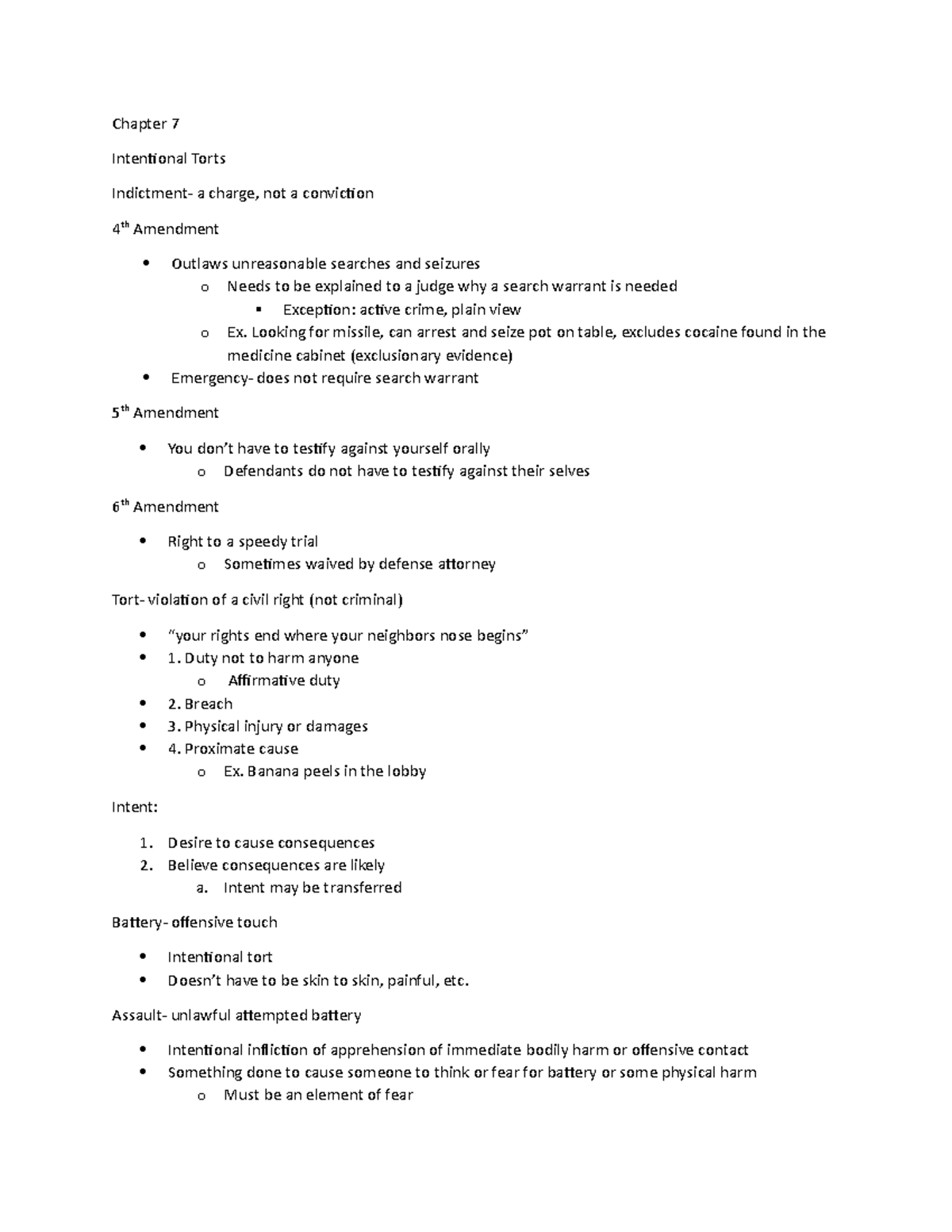 Chapter 7- Intentional Torts - Looking for missile, can arrest and ...