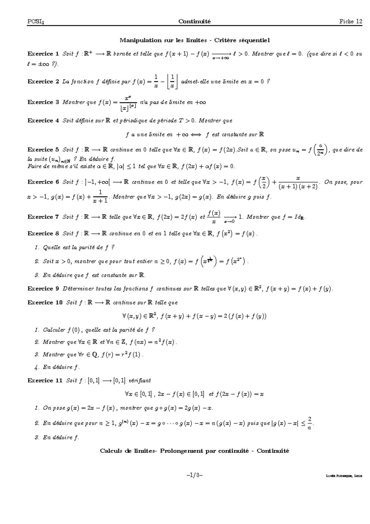 Continuite exercices non corriges - PCSI 2 Continuité Fiche 12 ...