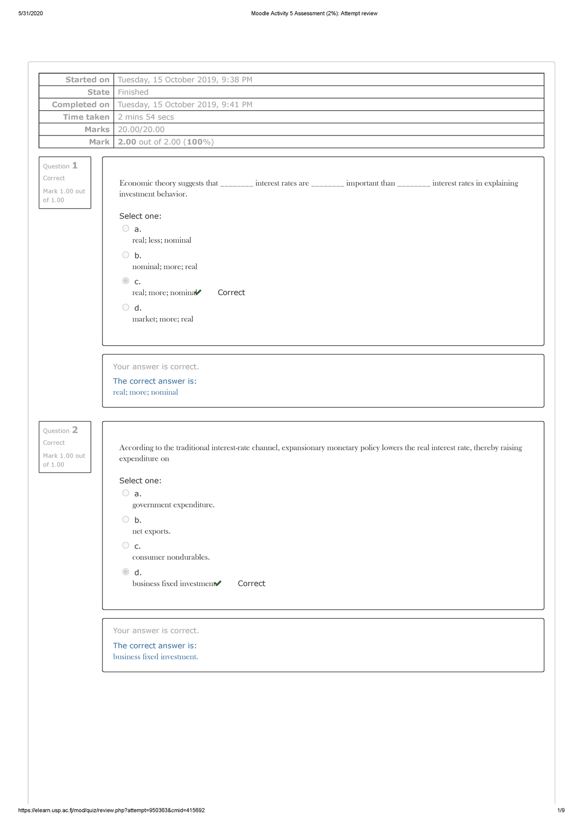 Moodle Activity 5 Assessment (2%) ec 301 - Question 1 Correct Mark 1 ...