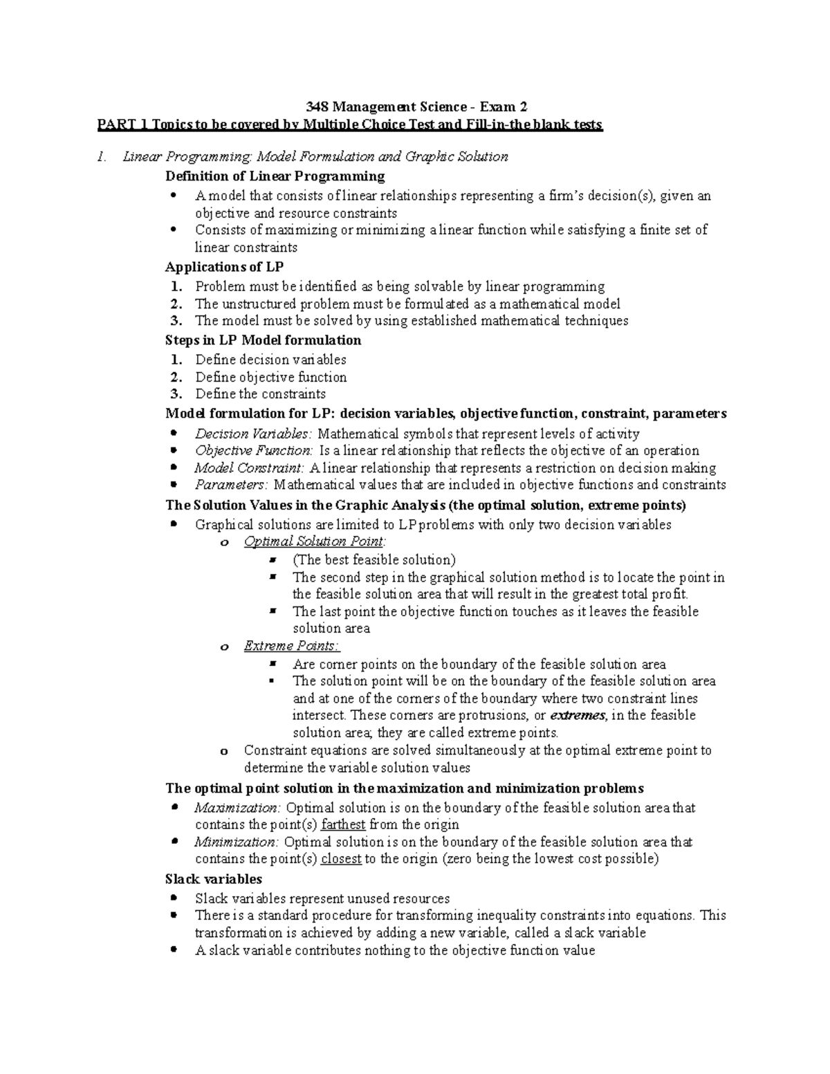 V+348+18+Study+guide+for+Exam+2 - 348 Management Science Exam 2 PART 1 ...