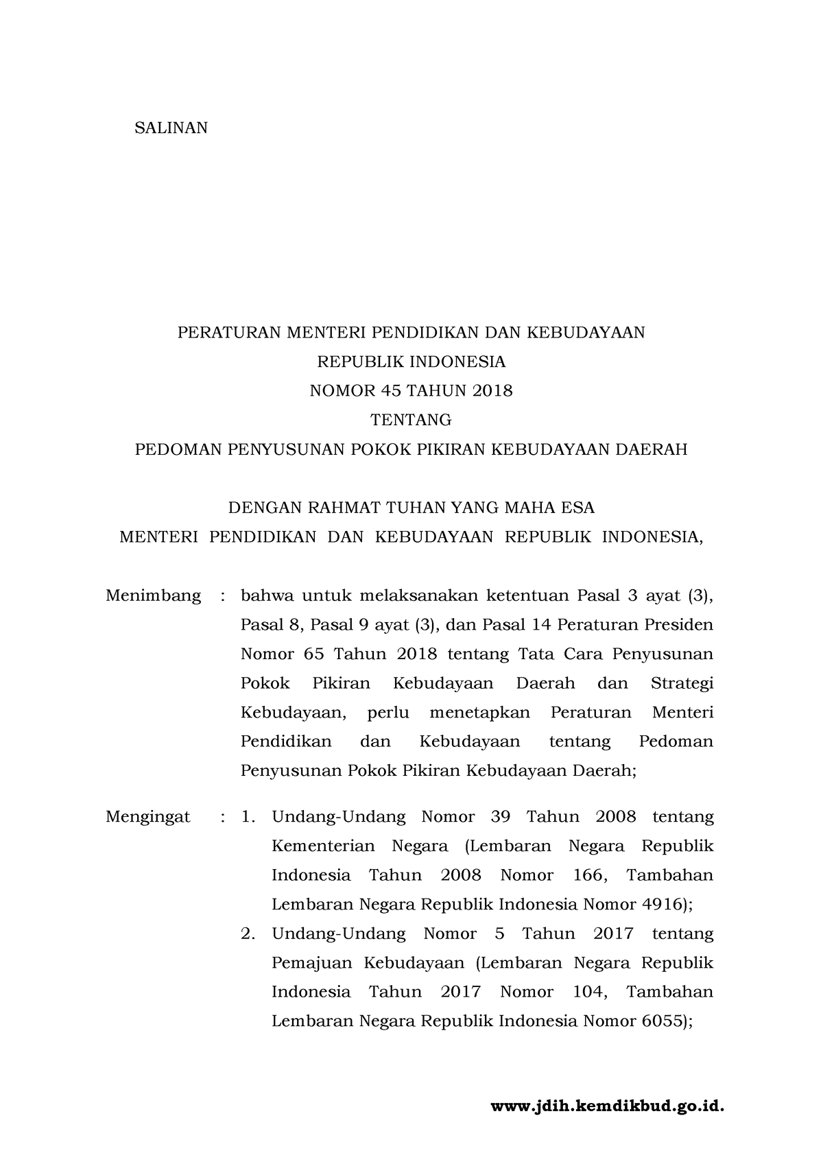 Permendikbud No 45 Tahun 2018 - SALINAN PERATURAN MENTERI PENDIDIKAN ...