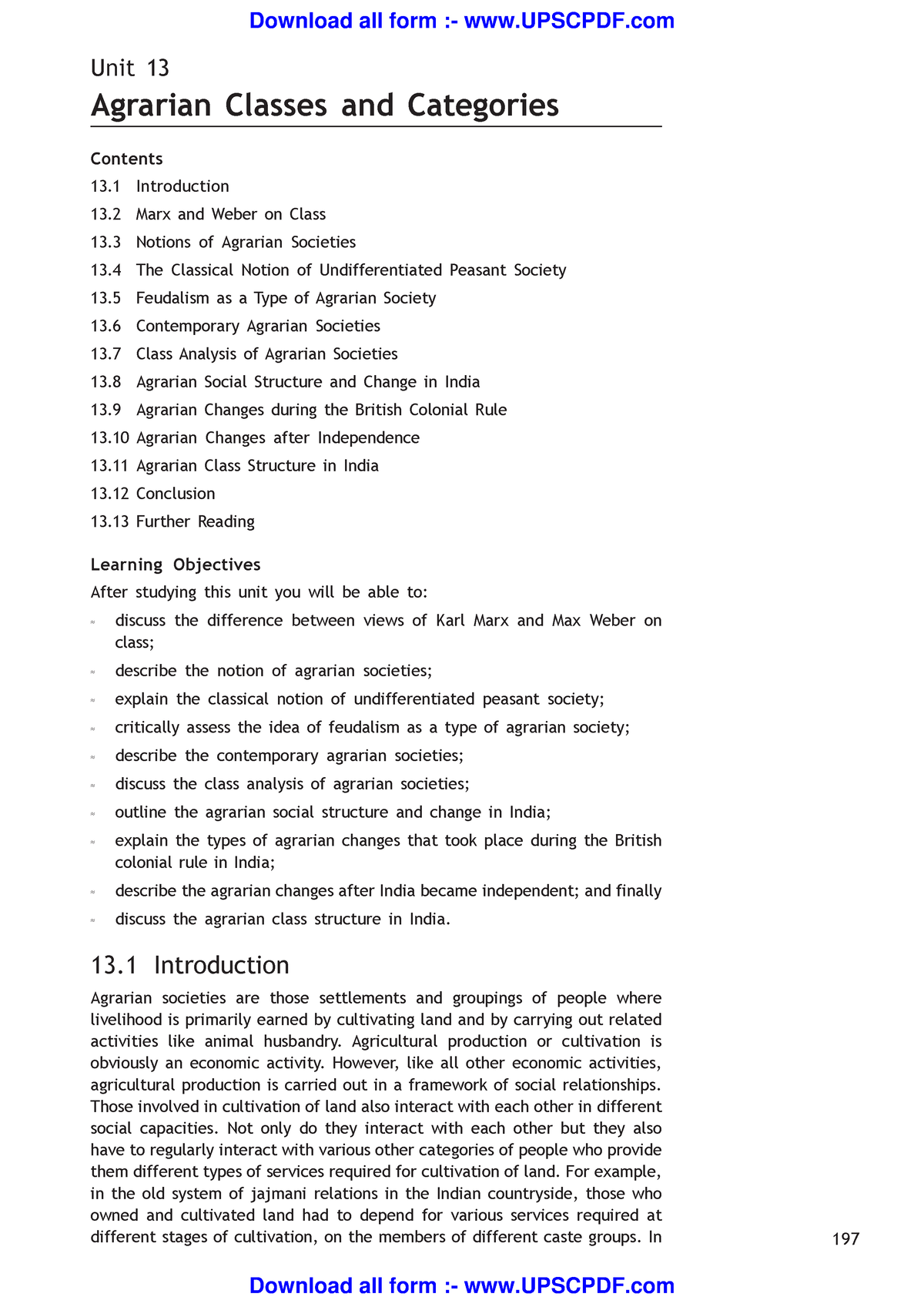 3. Agriculture - 197 Unit 13 Agrarian Classes And Categories Contents ...