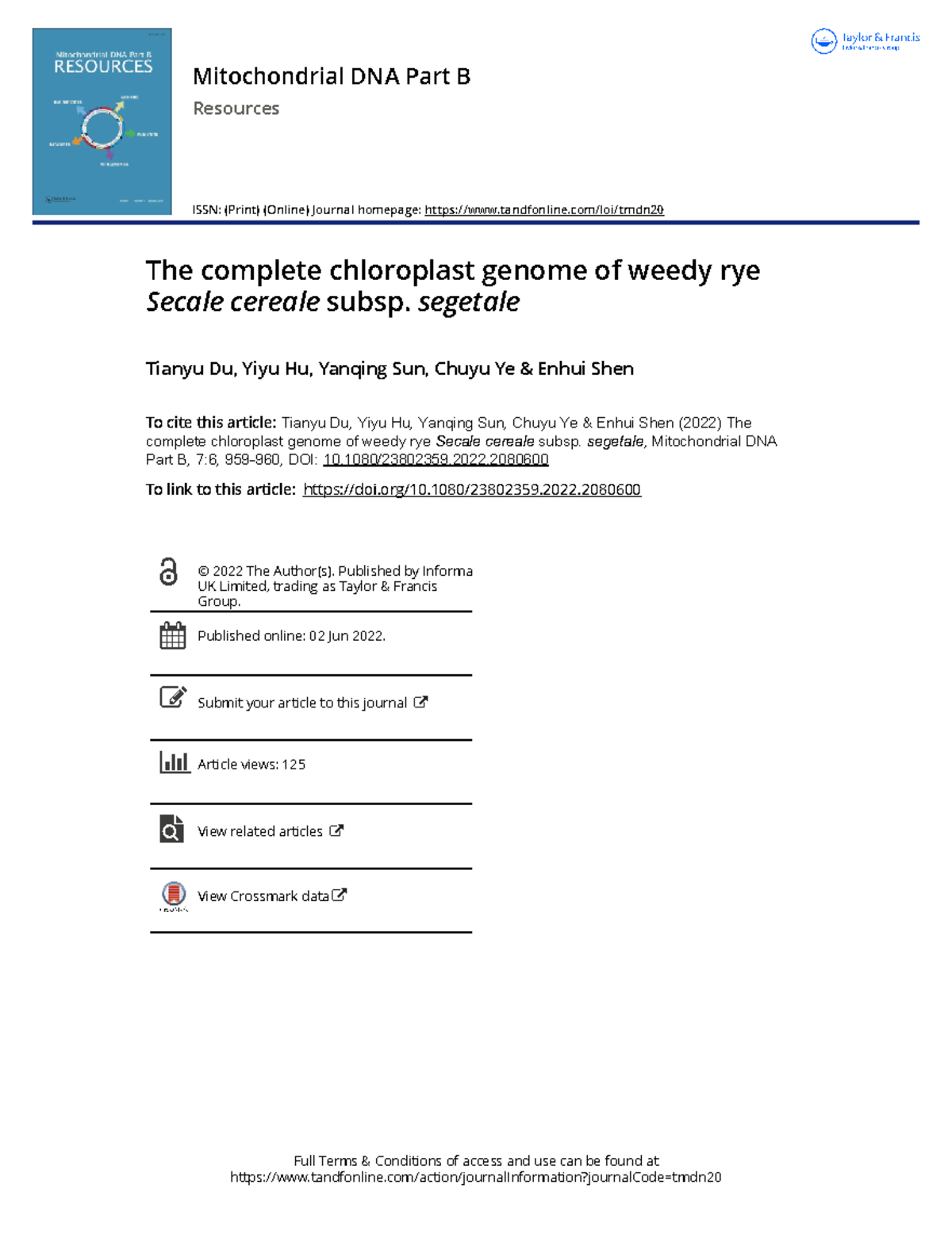 The complete chloroplast genome of weedy rye - Full Terms & Conditions ...