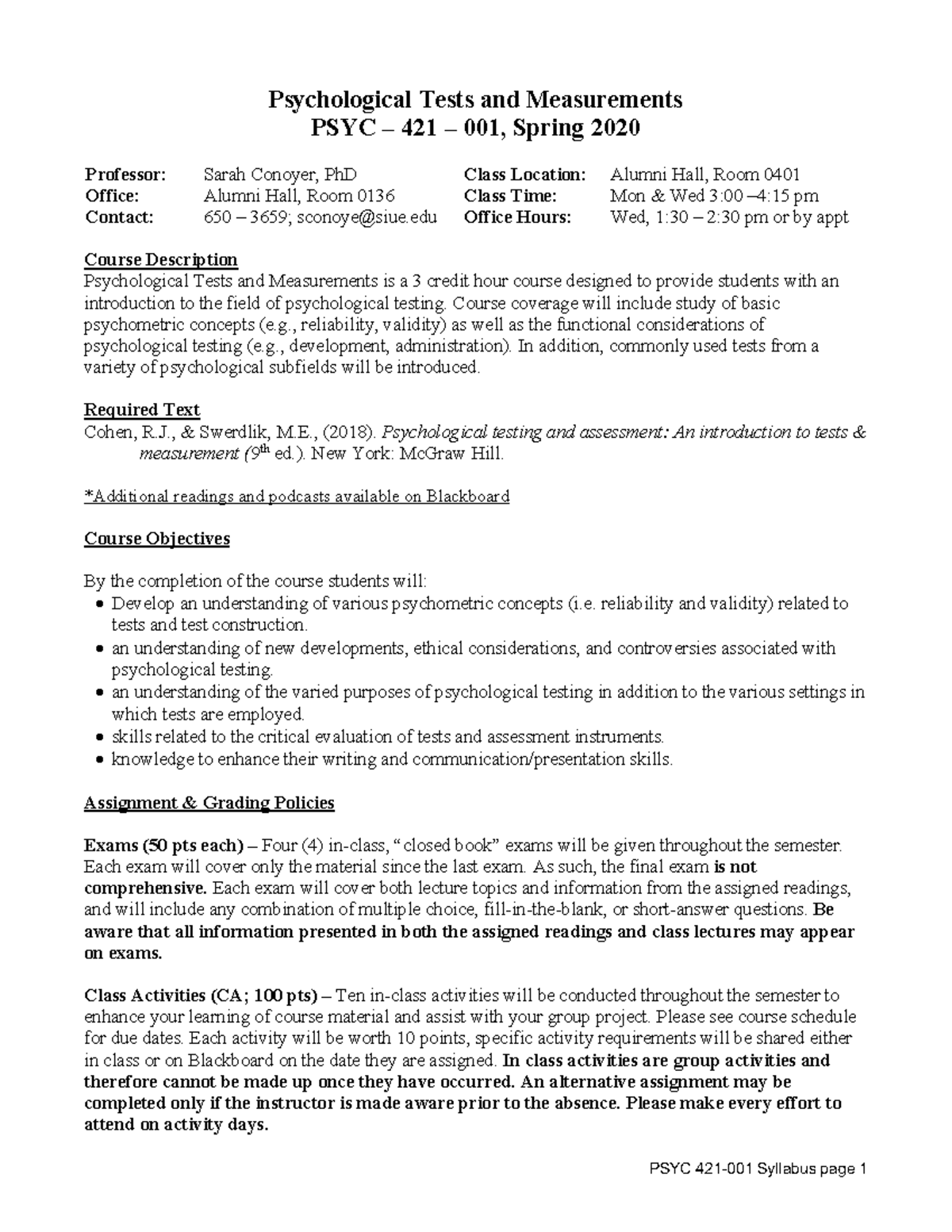 Psychological Tests and Measurements PSYC – 421 – 001, Spring 2020 ...