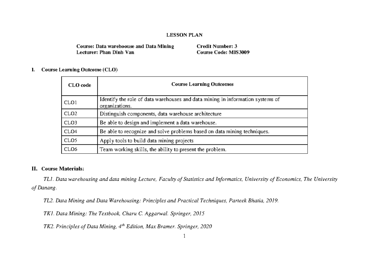 Lesson plan - DWDM - Summary Kho và khai phá dữ liệu - LESSON PLAN ...