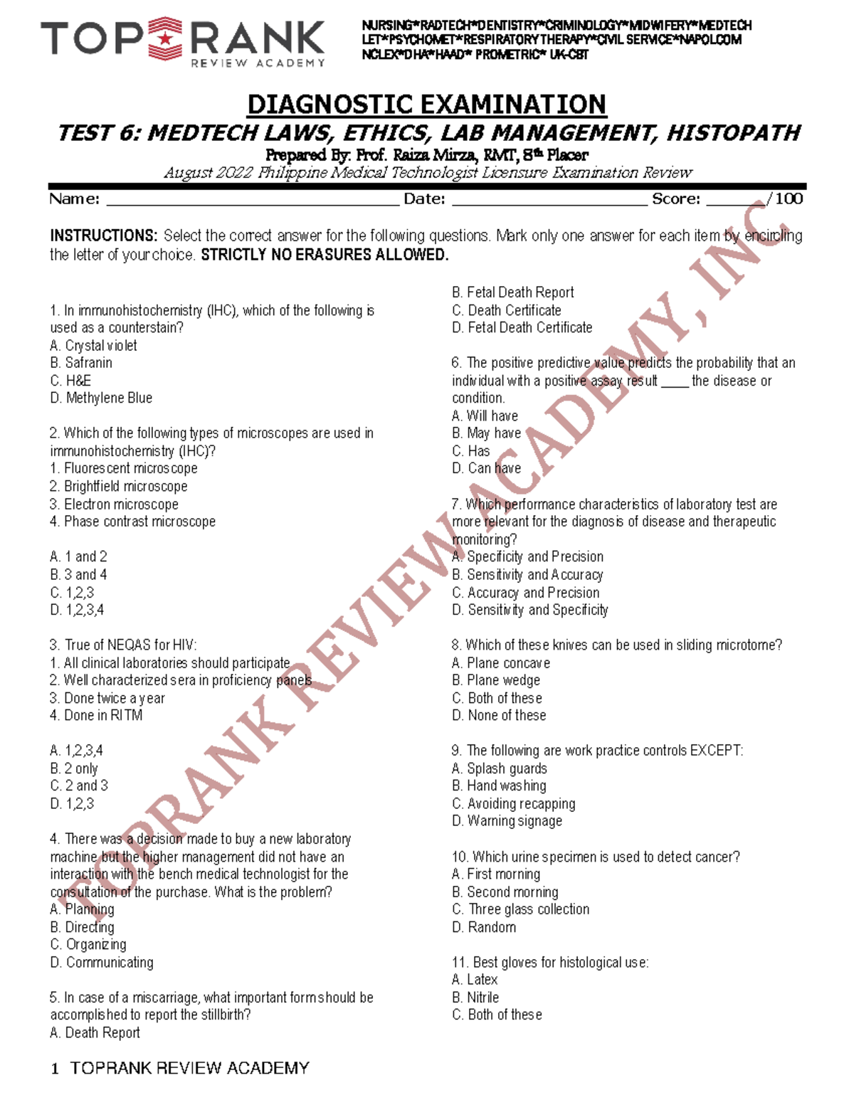 ST DIAG EXAM TEST 6 - MT lecture notes - 1 TOPRANK REVIEW ACADEMY ...
