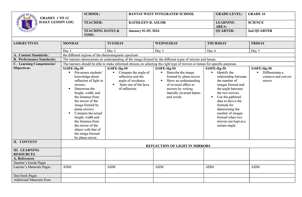 Jan. 01-05, 2024 - dll - GRADES 1 TO 12 DAILY LESSON LOG SCHOOL: BANTAY ...