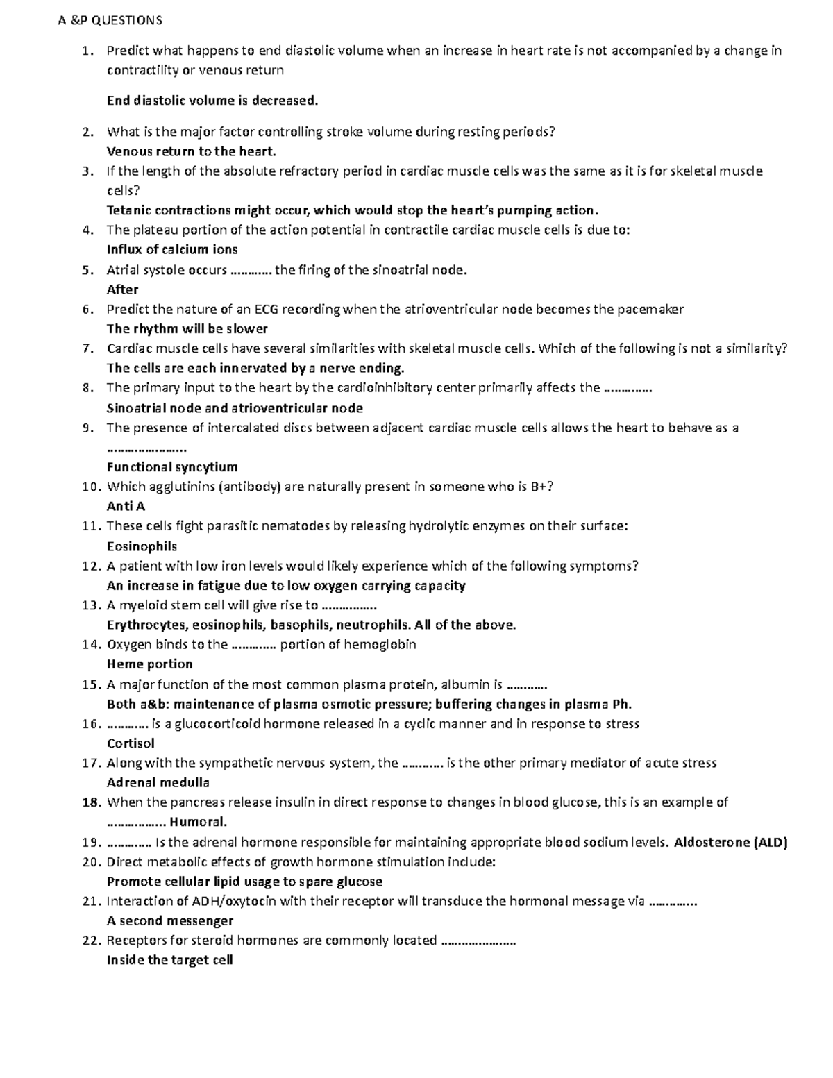 A and P questions displayed by the lecturer - A &P QUESTIONS Predict ...
