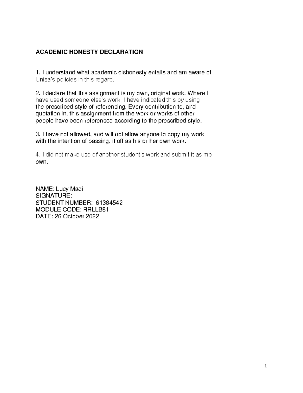 Rrllb Report oct - NOTES - ACADEMIC HONESTY DECLARATION I understand ...