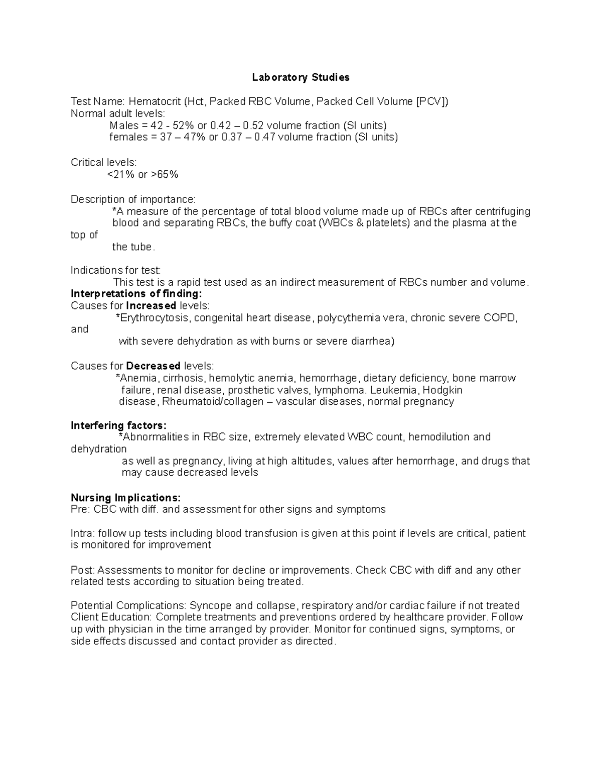 Lab Studies Hematocrit Laboratory Studies Test Name Hematocrit (Hct, Packed RBC Volume
