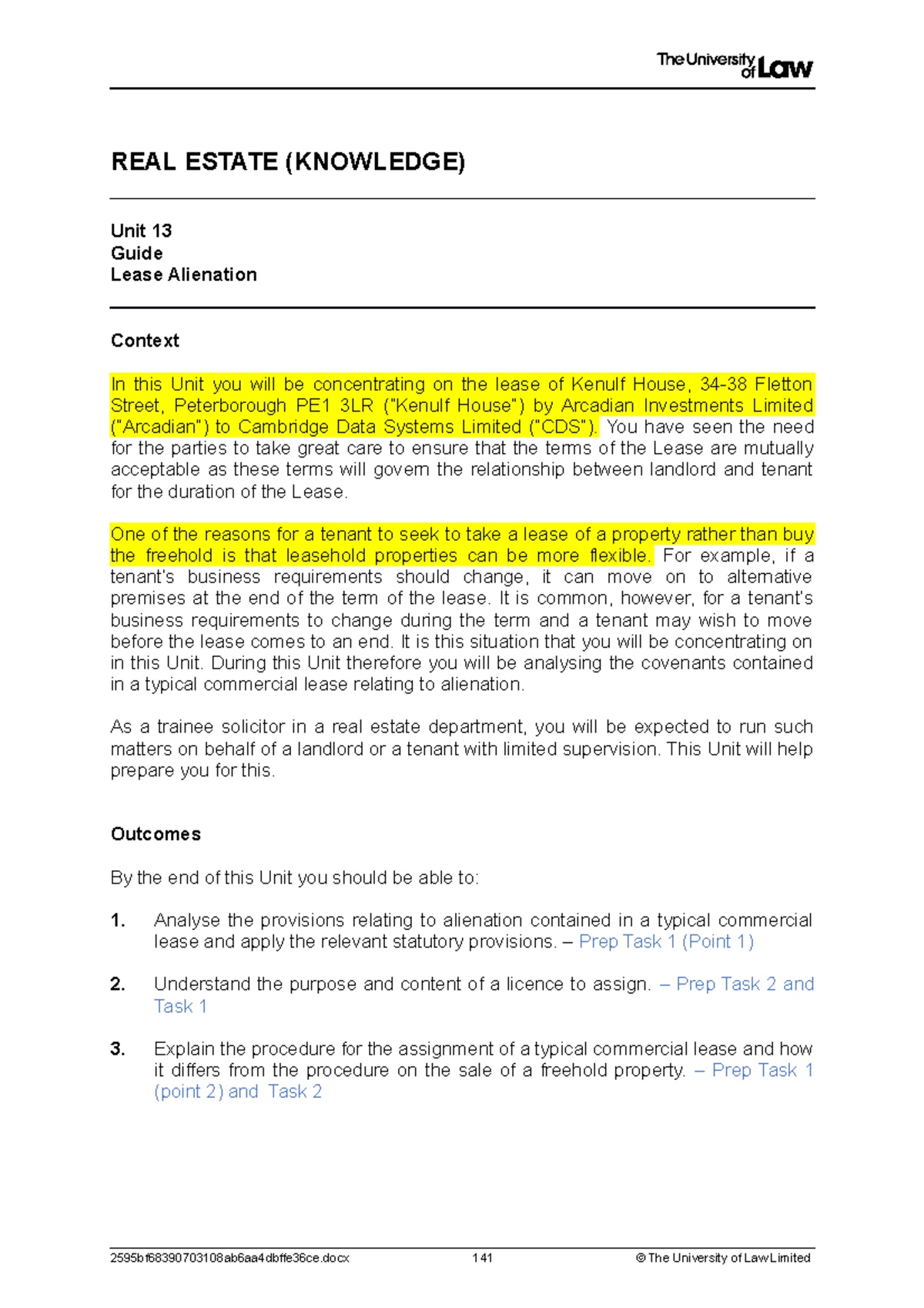 Workshop 13 - REAL ESTATE (KNOWLEDGE) Unit 13 Guide Lease Alienation ...