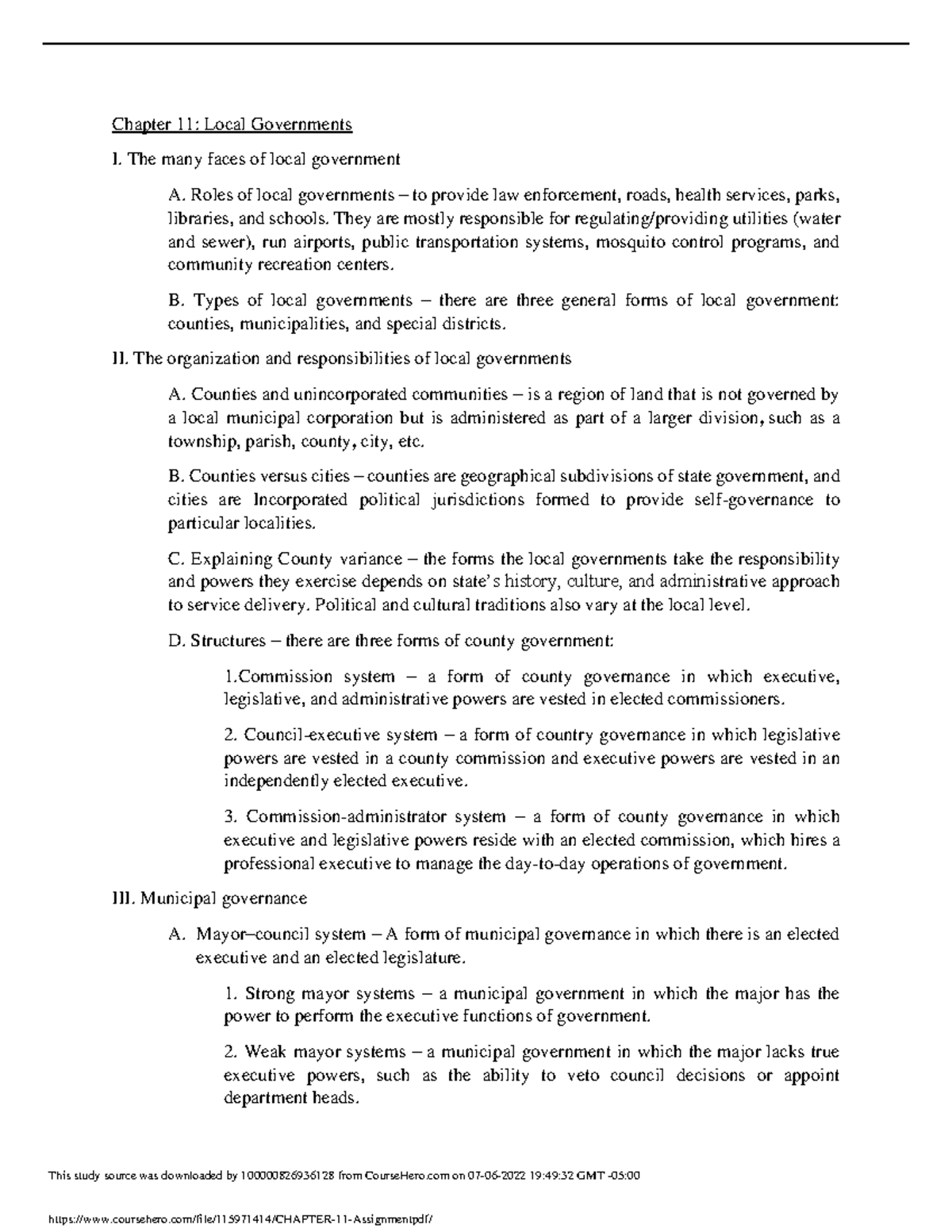 Chapter 11 Assignment - N/A - Chapter 11: Local Governments I. The many ...