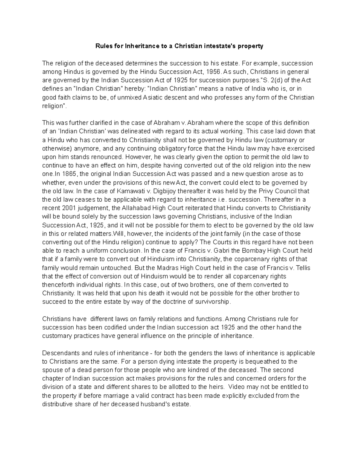Rules for Inheritance to a Christian intestate's property - For example ...