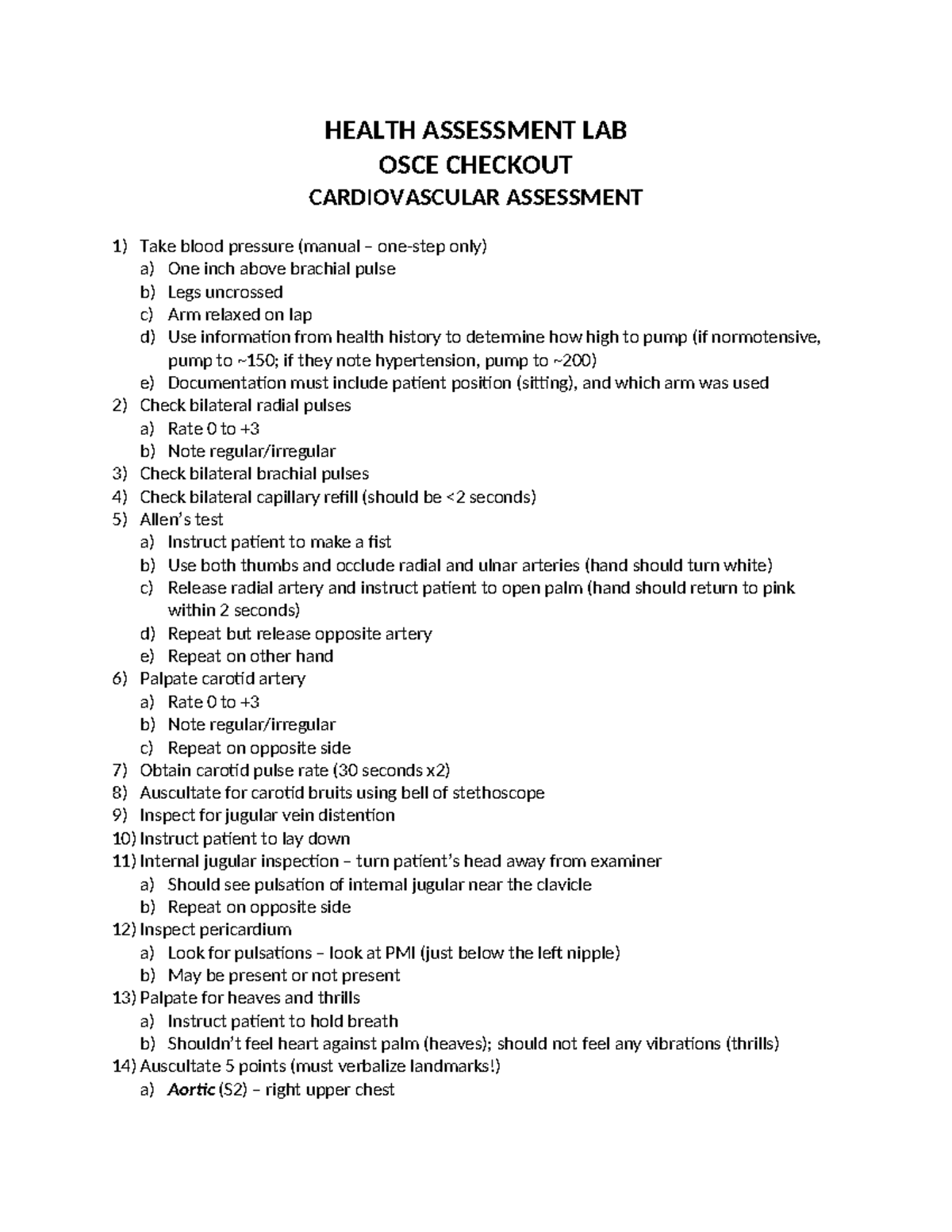 OSCE - Cardiovascular - N/A - HEALTH ASSESSMENT LAB OSCE CHECKOUT ...