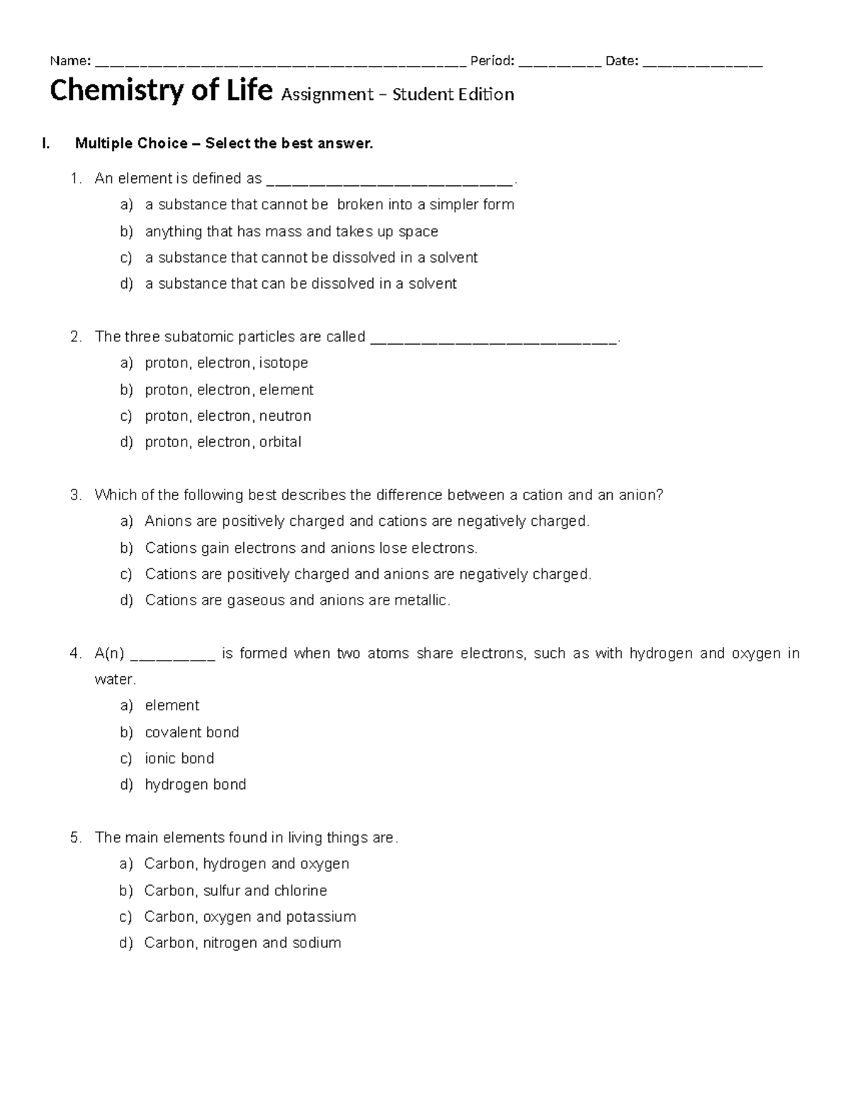 1 5 Assignment SE Chemistry of Life - Name