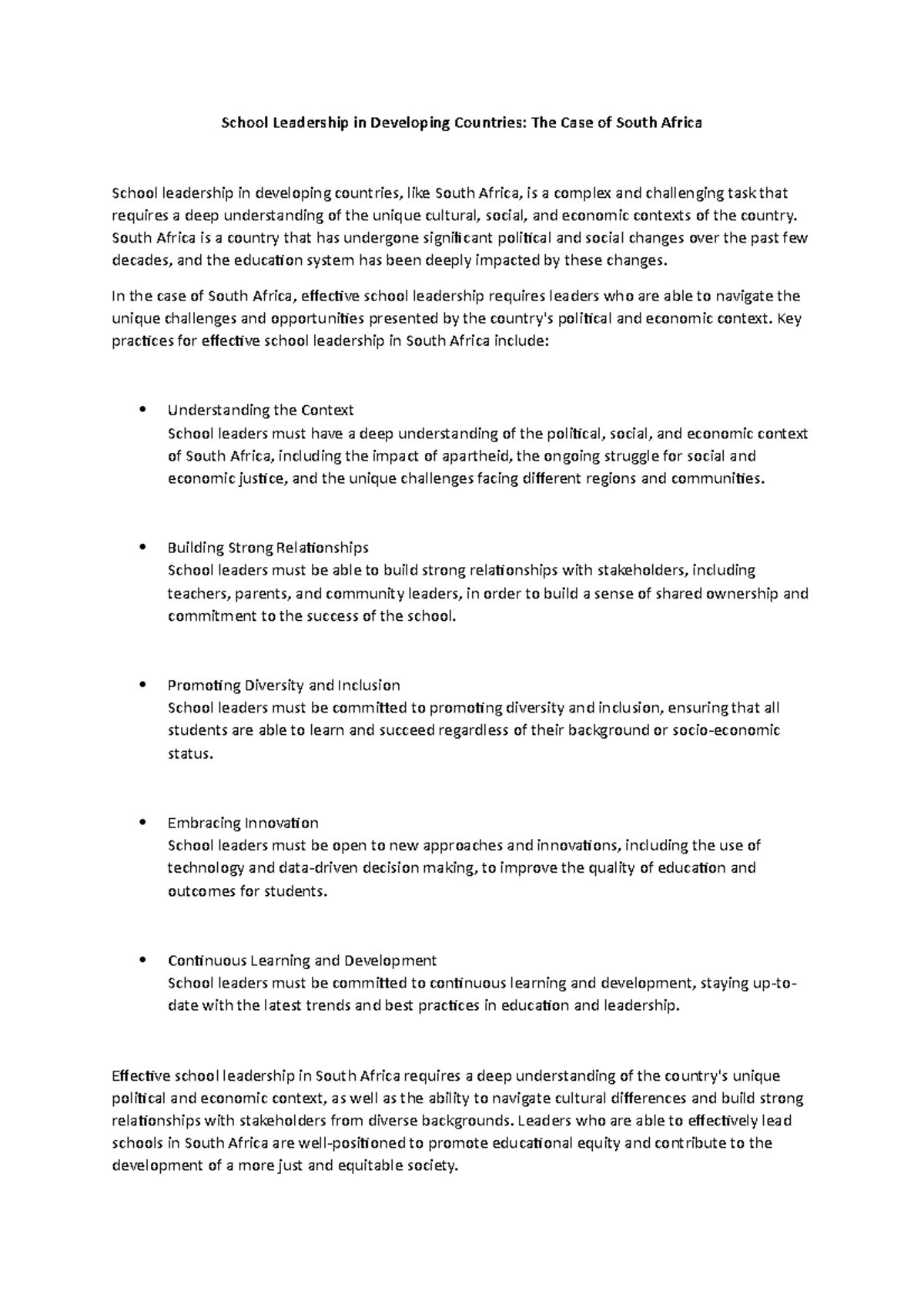 School Leadership in Developing Countries; The Case of South Africa ...